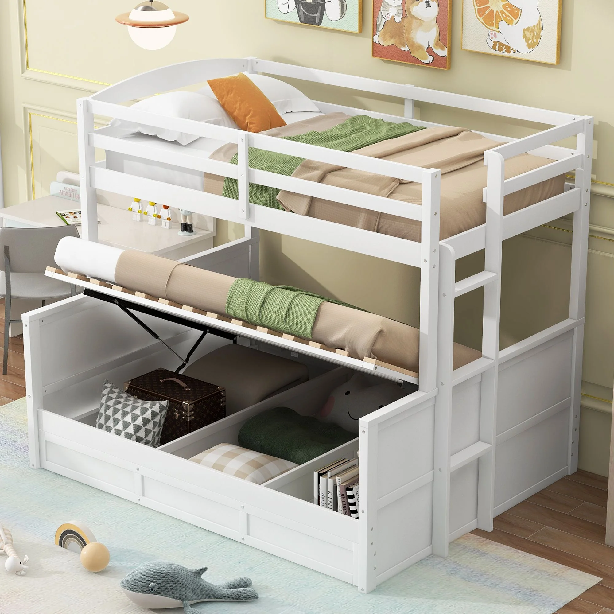 Twin over Full Bunk Bed with Ladder,Solid Wood Bunk Bed Frame with Safety Guardrail, Convertible into 2 Bed Bunk Beds with Hydraulic Lift Up Storage for Girls Boys Teens(White, Twin over Full)
