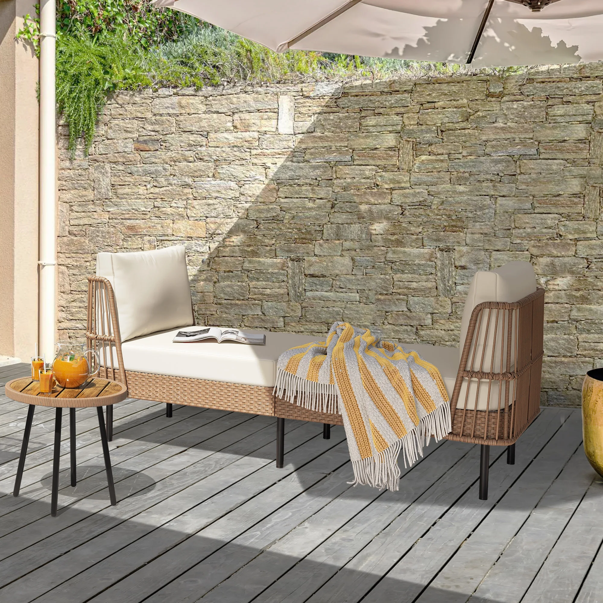 DWVO 74in Outdoor Daybed Wicker Patio Sofa Bed With Thickness Cushion Indoor Bed Lounger for Balcony Garden Deck Lawn - Beige