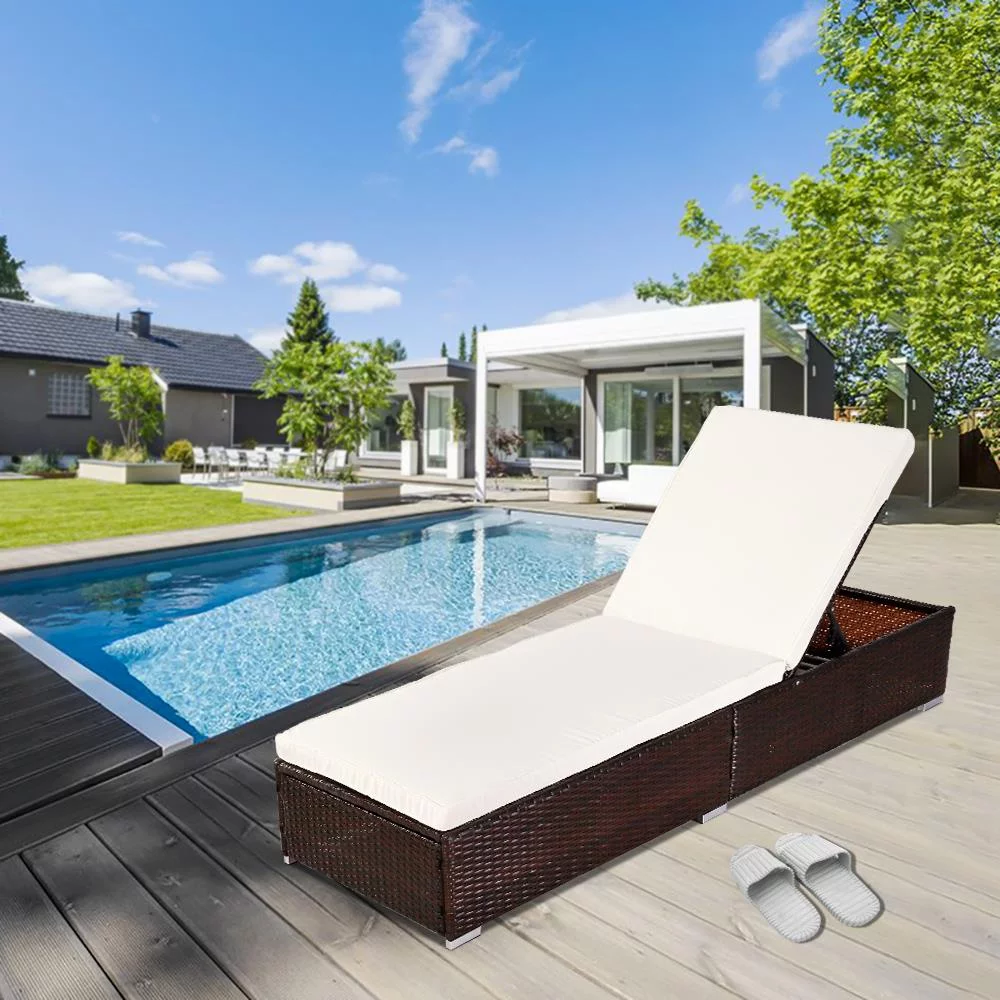 UbesGoo Outdoor Leisure Rattan Furniture Pool Bed / Chaise Chair, Patio Furniture Pool Lounger with Adjustable Backrest, Brown