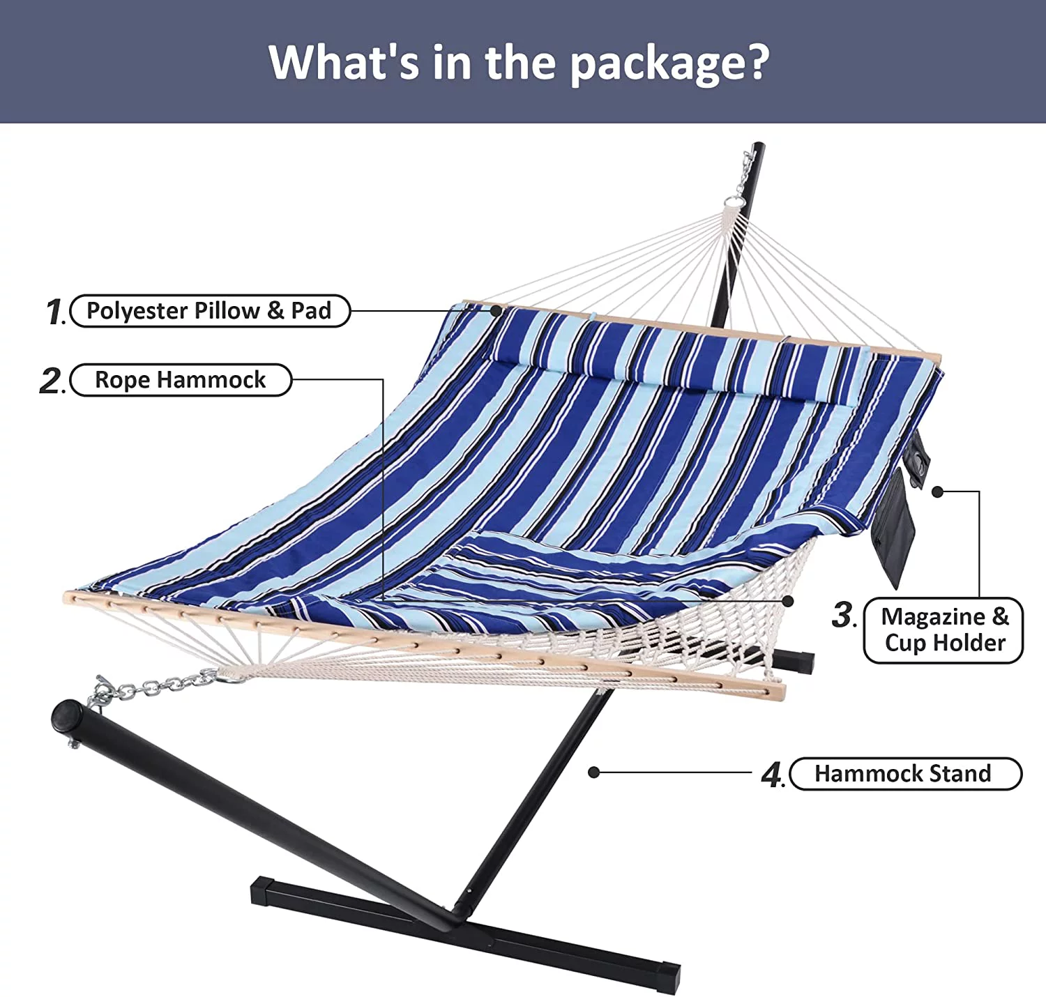 SUNCREAT Outdoor Two Person Hammock with Steel Stand Heavy Duty for Camping,  Max 475lbs Capacity, 76