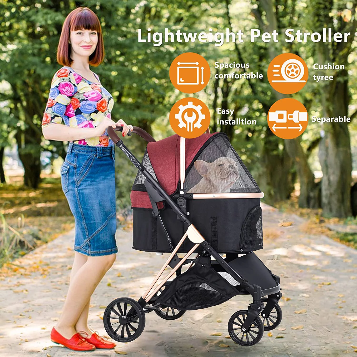 NiamVelo 3-in-1 Dog Cat Stroller for Small Medium Dogs, Premium Foldable Travel Pet Gear Stroller with Detachable Carrier 4 Wheel Wagons, Wine