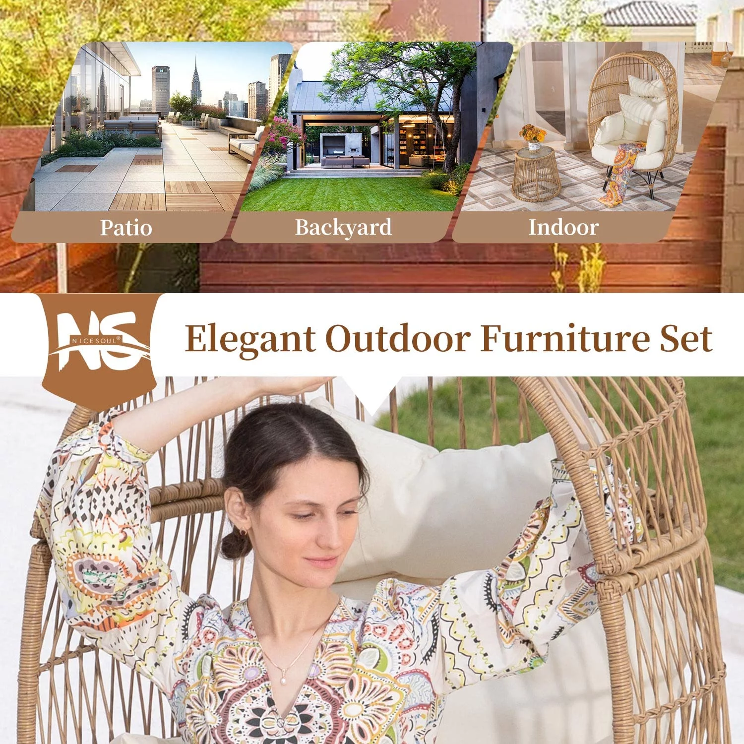 NICESOUL Outdoor Patio Lounge Chair Boho Stationary Wicker Yellow Egg Chair for Indoor Living Room 440lb