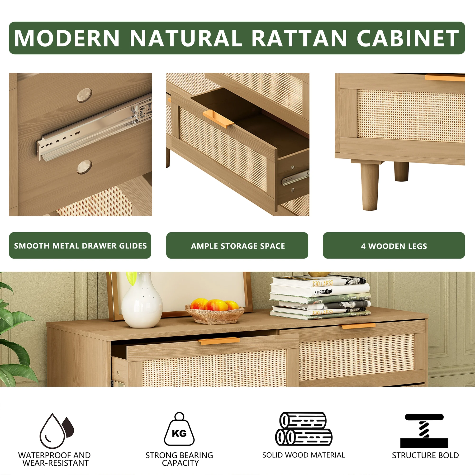 6 drawers Rattan dresser, Rattan Boho Drawer for Bedroom, Living Room, Oak