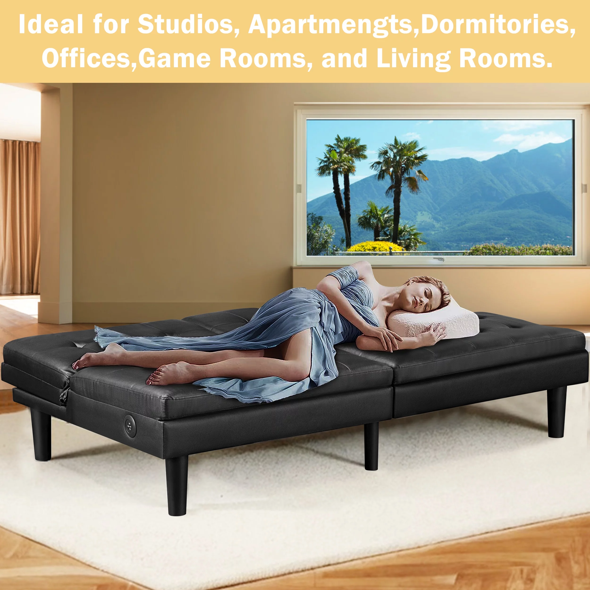 TrumanPick Memory Foam Futon, Convertible Sofa Bed with USB ports and Cupholders, Faux Leather Black