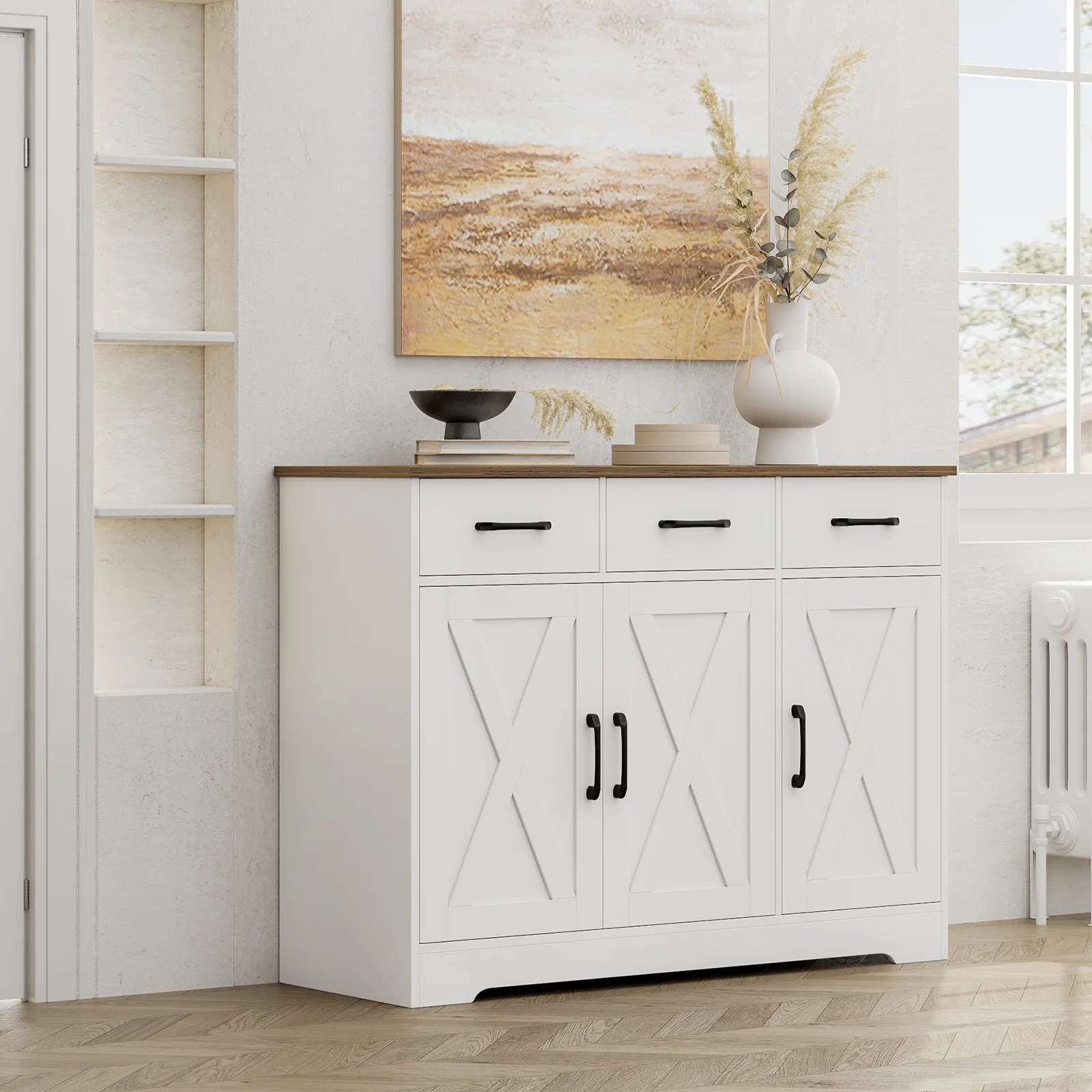 Homfa 42.5‘’ Kitchen Buffet Sideboard Cabinet, 3 Drawers Farmhouse Coffee Bar Storage Cabinet with Adjustable Shelf, White