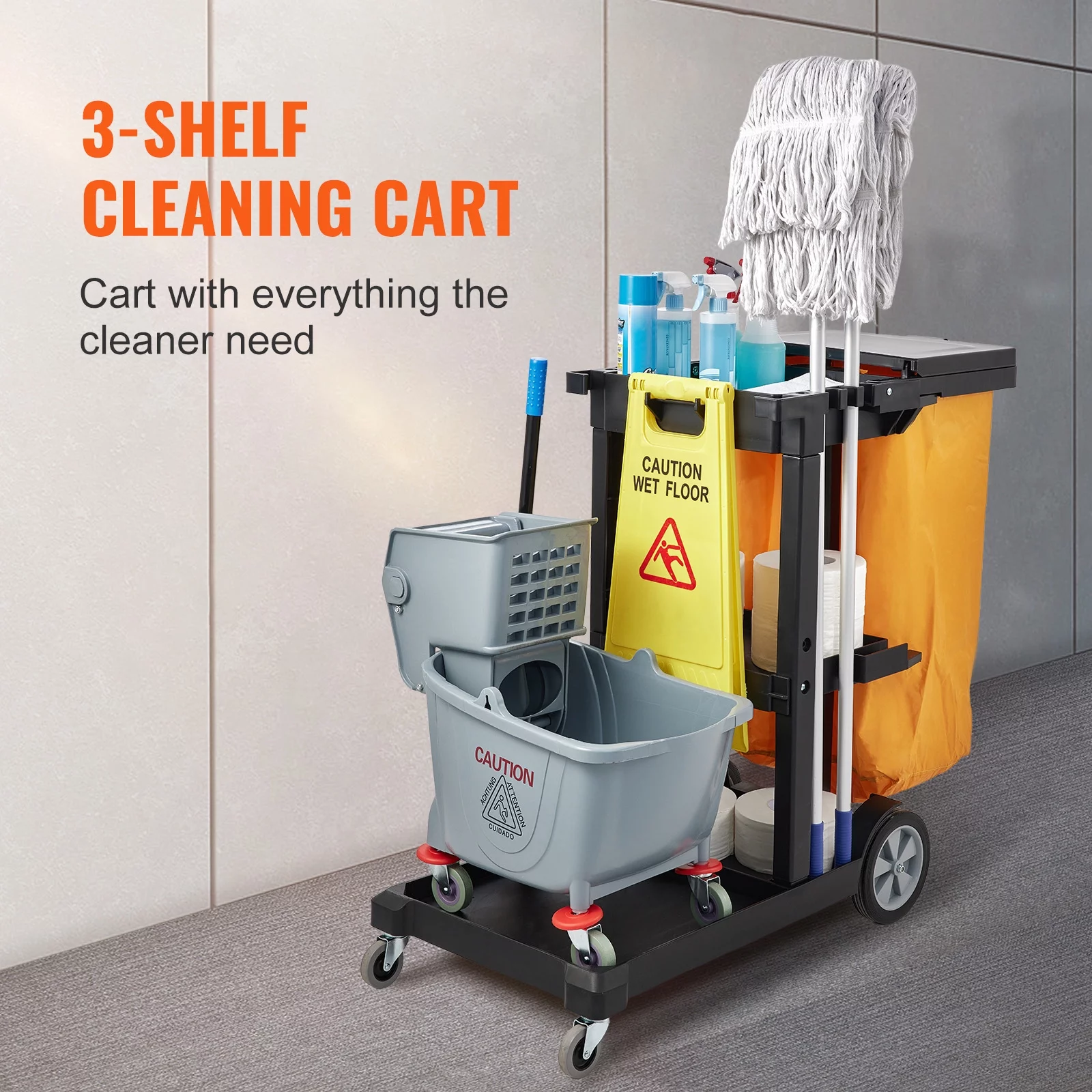 BENTISM Commercial Janitorial Janitor Cart 3-Shelf 200 lbs Janitorial Trolley Cleaning Cart with 25 Gallons PVC Bag and Cover for Housekeeping
