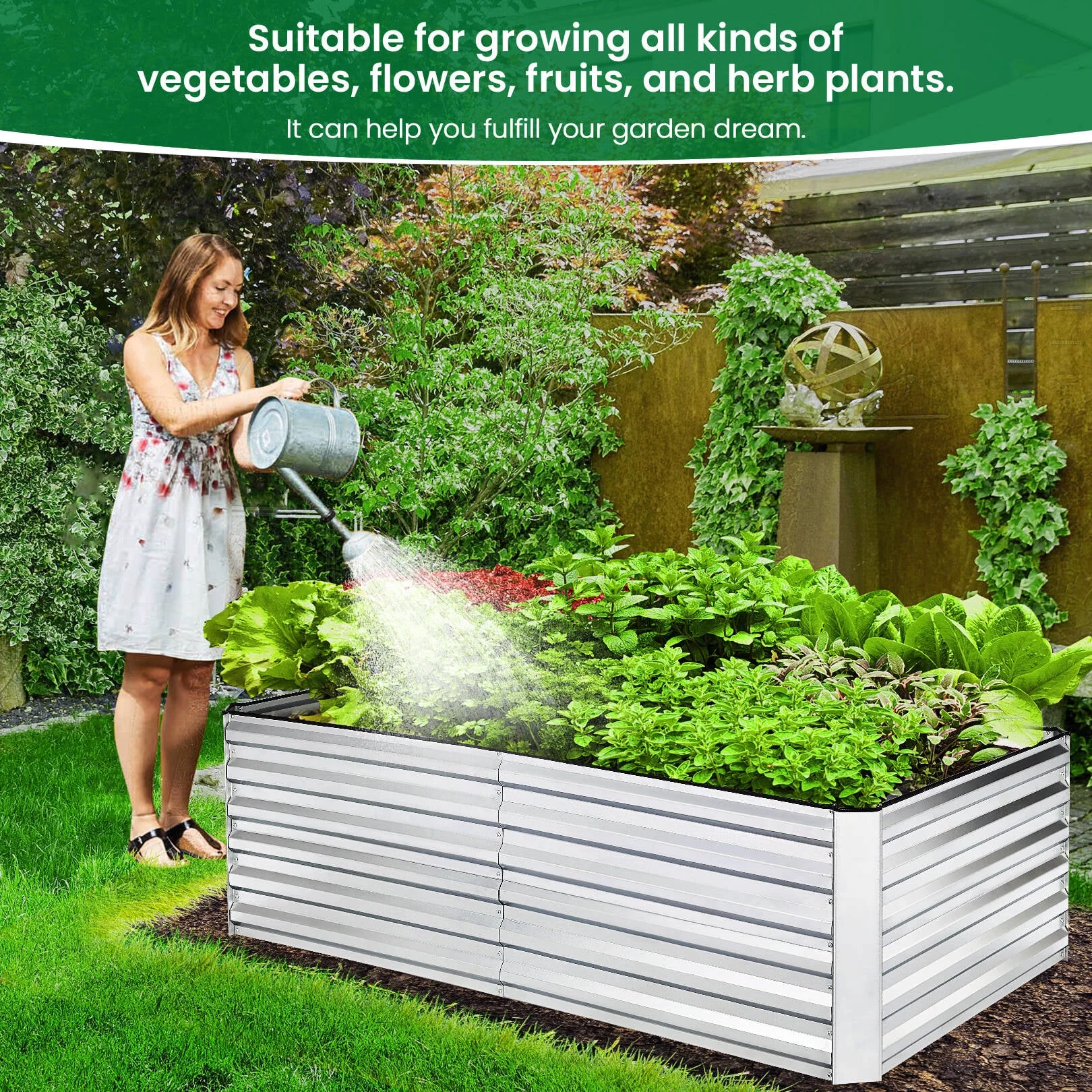 SEJOV 8x4x2ft Outdoor Metal Raised Garden Bed, Planter Box for Vegetables, Flowers, Herbs - Silver