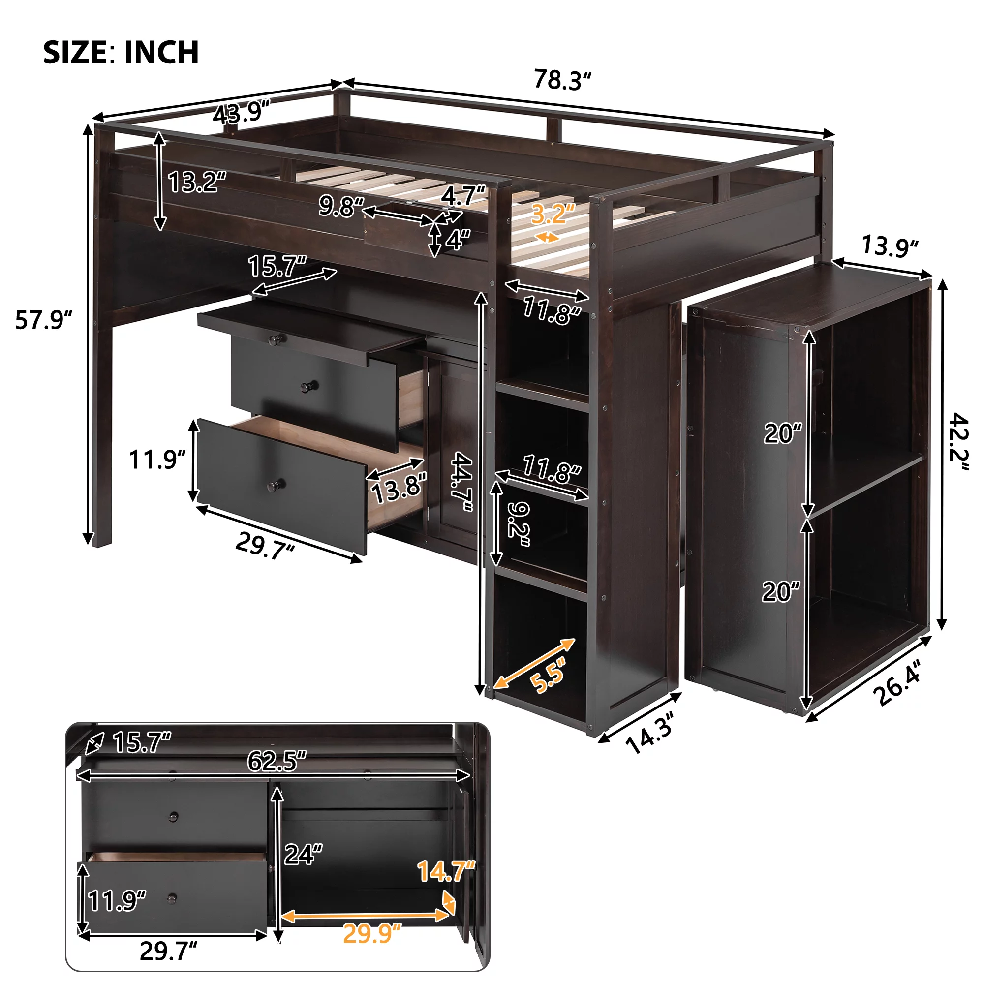 CoSoTower Loft Bed with Rolling Cabinet and Desk - Espresso