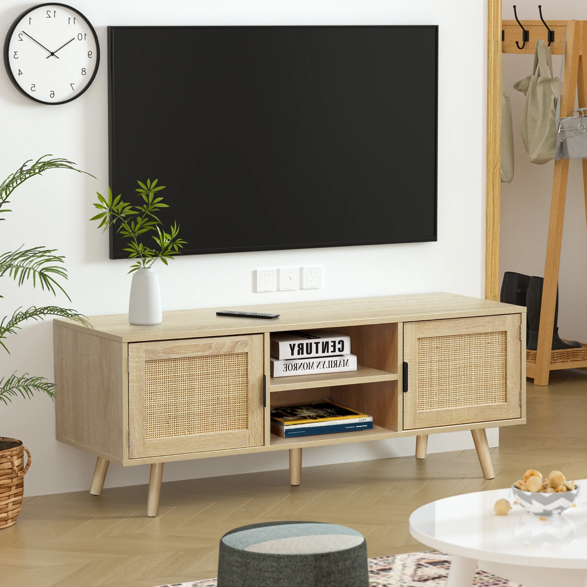 Eumyviv Farmhouse TV Stands for 55 Inch TV,Wood Media Entertainment Center Cabinet Console Table with 2 Rattan Doors, Natural Oak, H0015