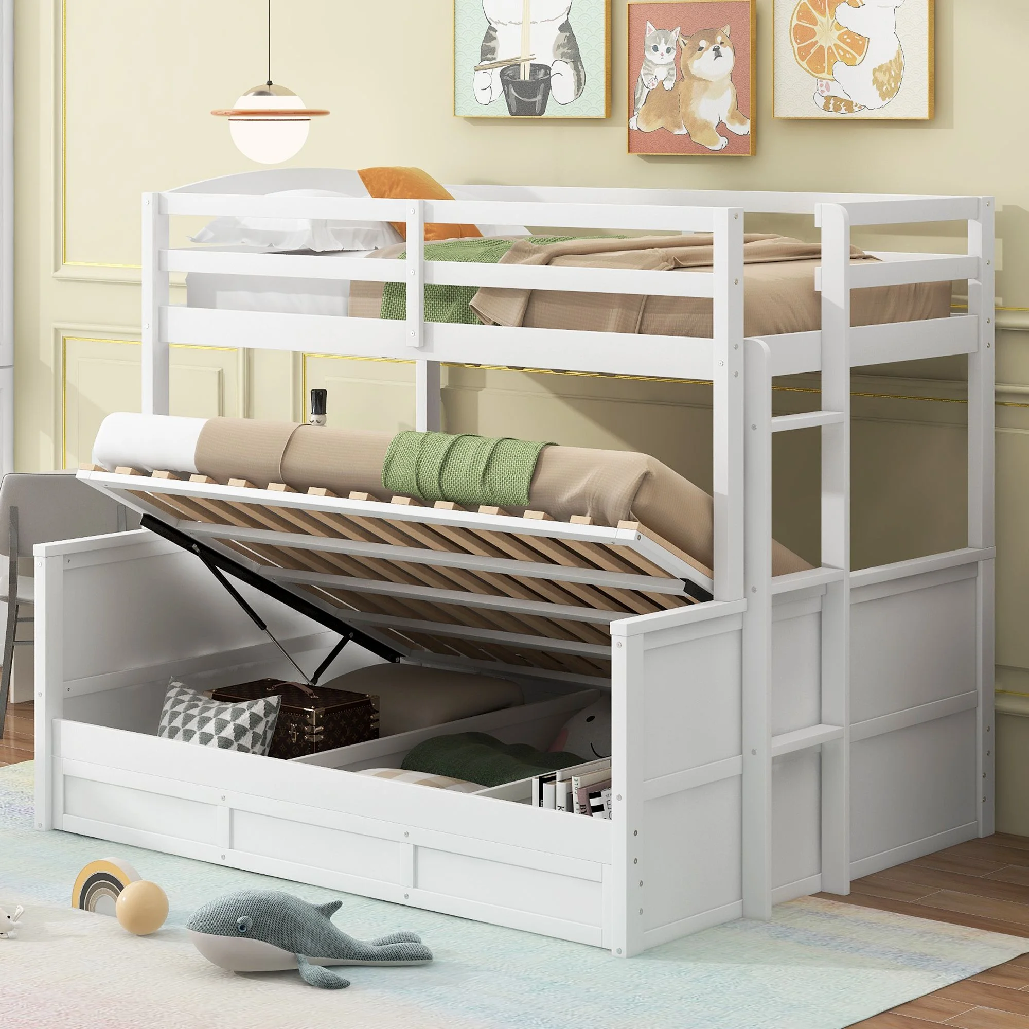 Twin over Full Bunk Bed with Ladder,Solid Wood Bunk Bed Frame with Safety Guardrail, Convertible into 2 Bed Bunk Beds with Hydraulic Lift Up Storage for Girls Boys Teens(White, Twin over Full)