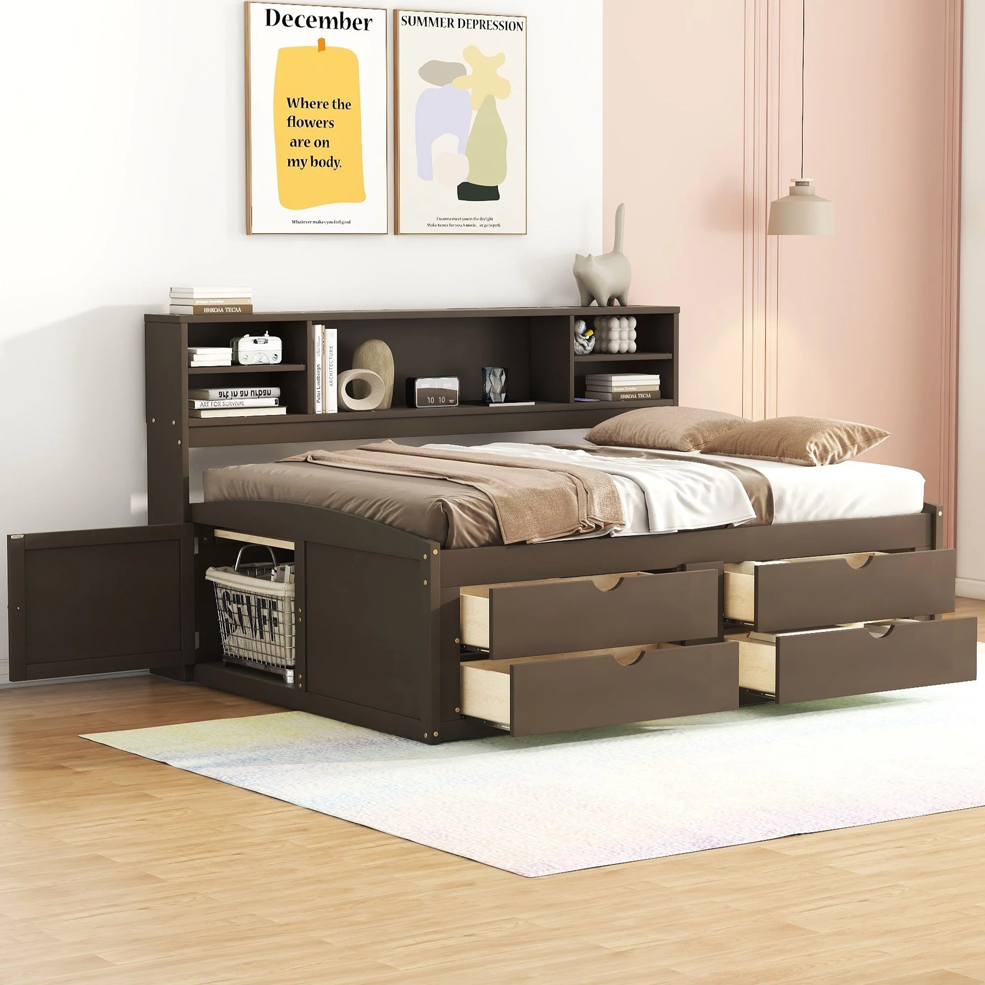 Full Size Solid Wood Bed Frame with 2 Bedside Cabinets, Upper Shelves and 4 Drawers, Platform Bed Frame, Mid Century Bedframe, Wood Daybed, Wood Foundation(Brown, Full)