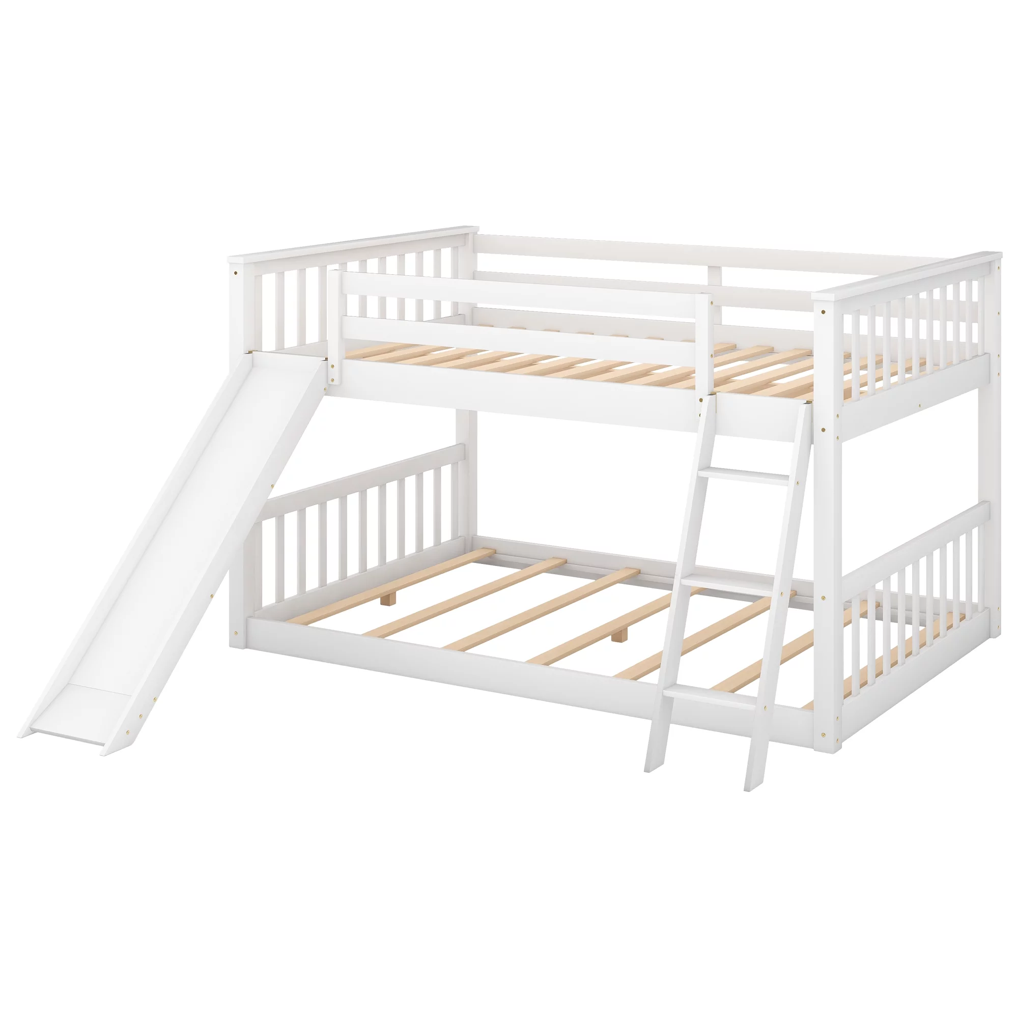 Hombay Low Full Over Full Bunk Bed with Convertible Slide and Ladder, Wood Slat Bed Frame for Child Kids