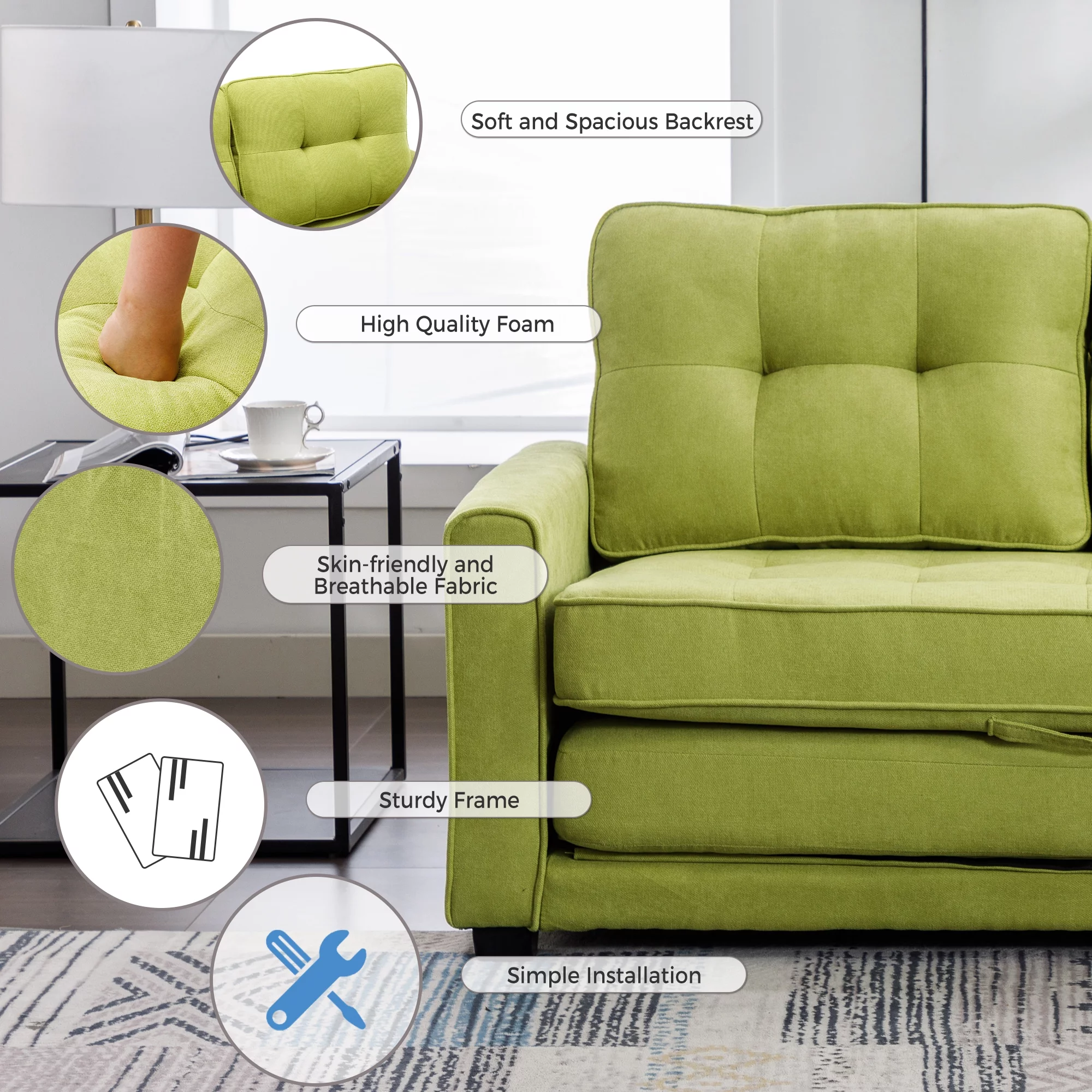 Churanty Convertible Sofa Bed Pull Out Sleeper Loveseat Sofa Chenille Upholstered Couch with Side Pockets for Small Space,Green