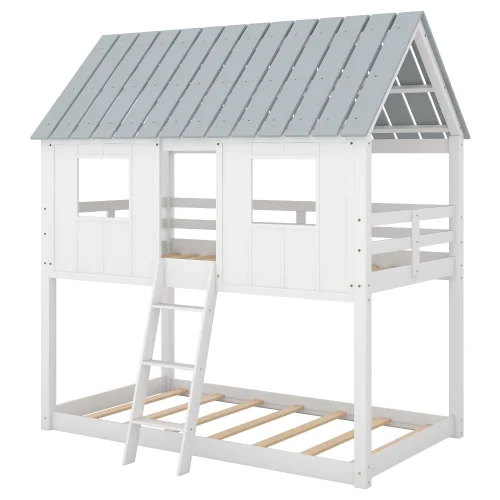 Saim House Bunk Beds with Slide, 79.6 Inches Long * 41.6 Inches Wide and 81.9 Inches High, Kids Bunk Bed with Roof, Slide Bunk Beds with Ladder for Girls, Boys, White White