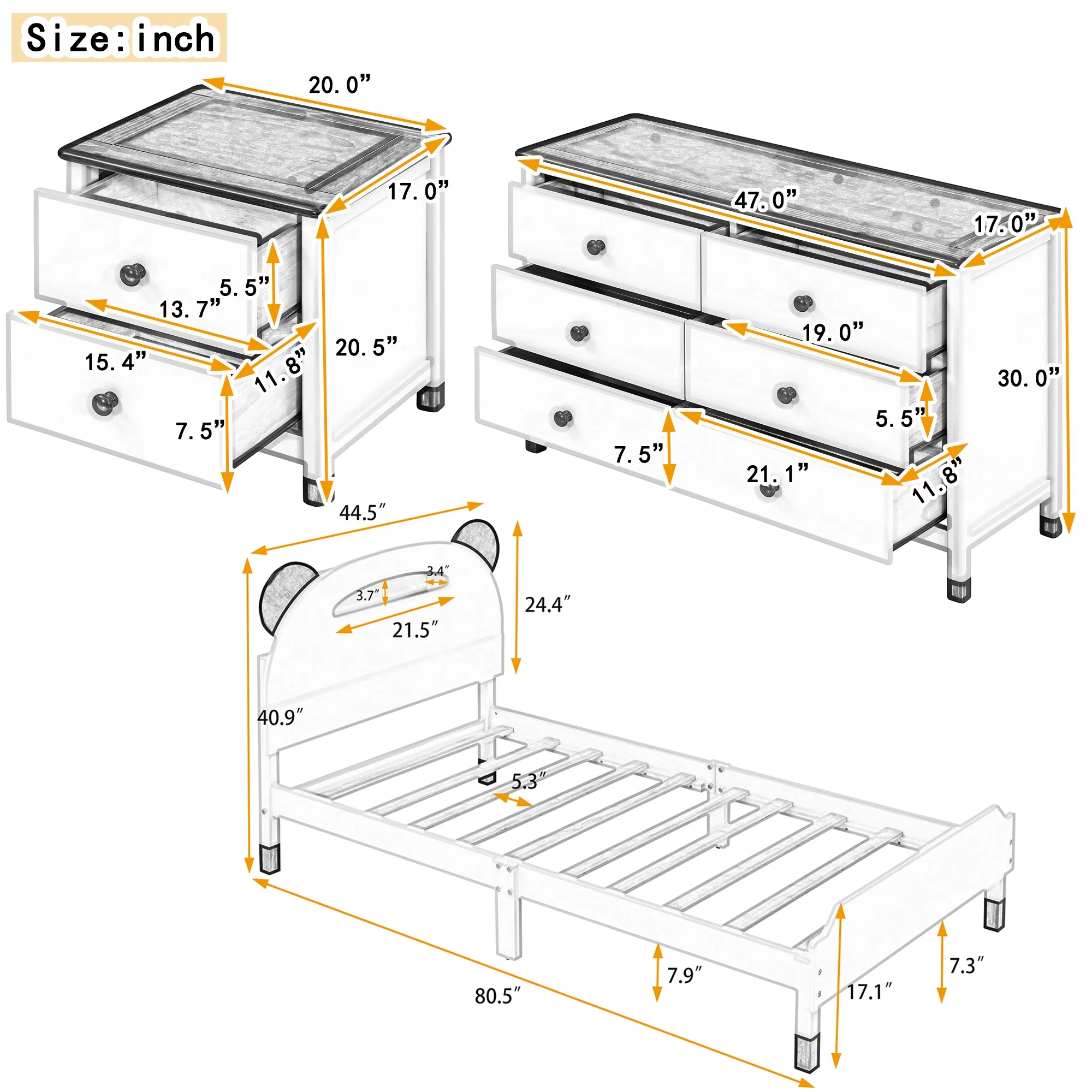 CoSoTower 3-Pieces Bedroom Sets Twin Size Bear-Shape Platform Bed with Nightstand and Storage Dresser,Cream+Walnut