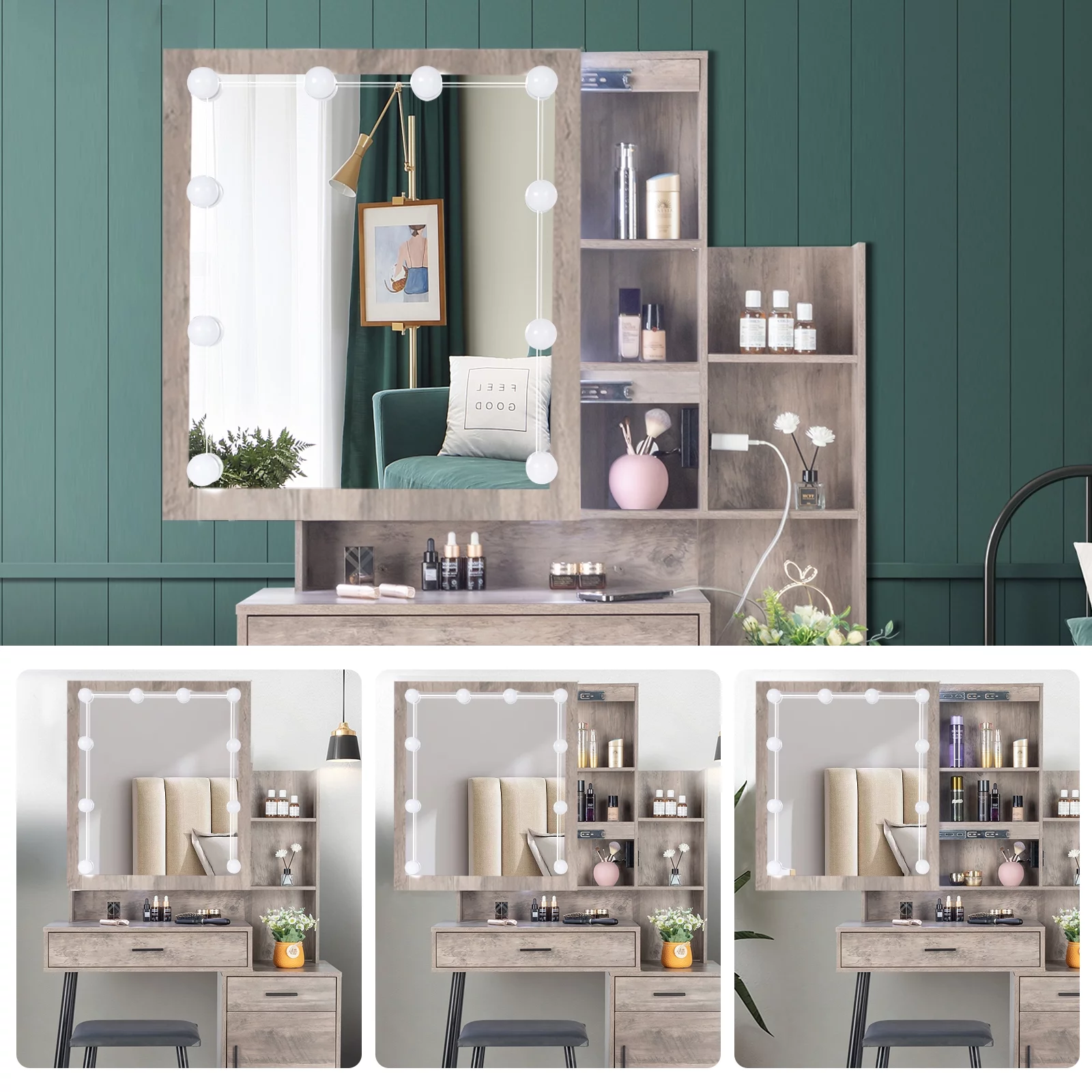 Ktaxon Lighted Vanity Table Set with USB Charging Station, Makeup Dressing Table with Sliding Mirror, Bedroom Vanities Set