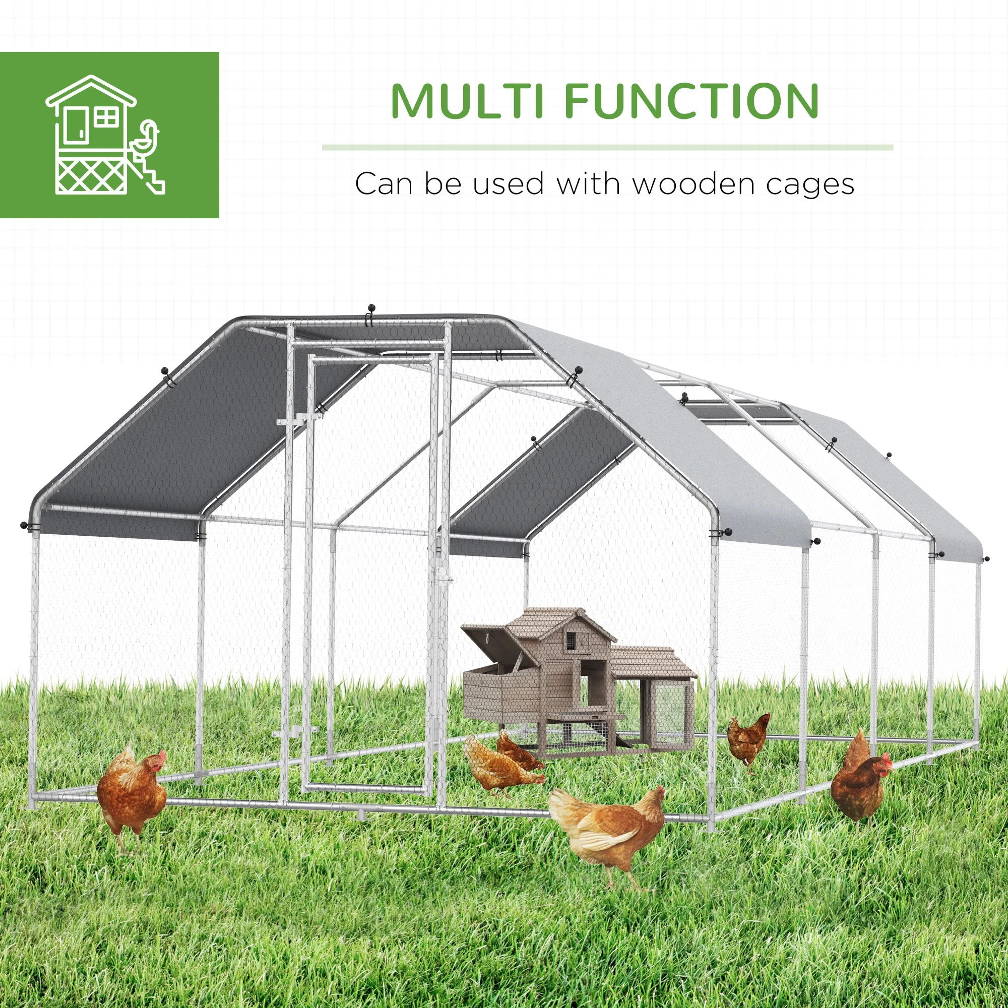 PawHut Large Metal Walk-In Chicken Coop Run Cage w/ Cover Outdoor