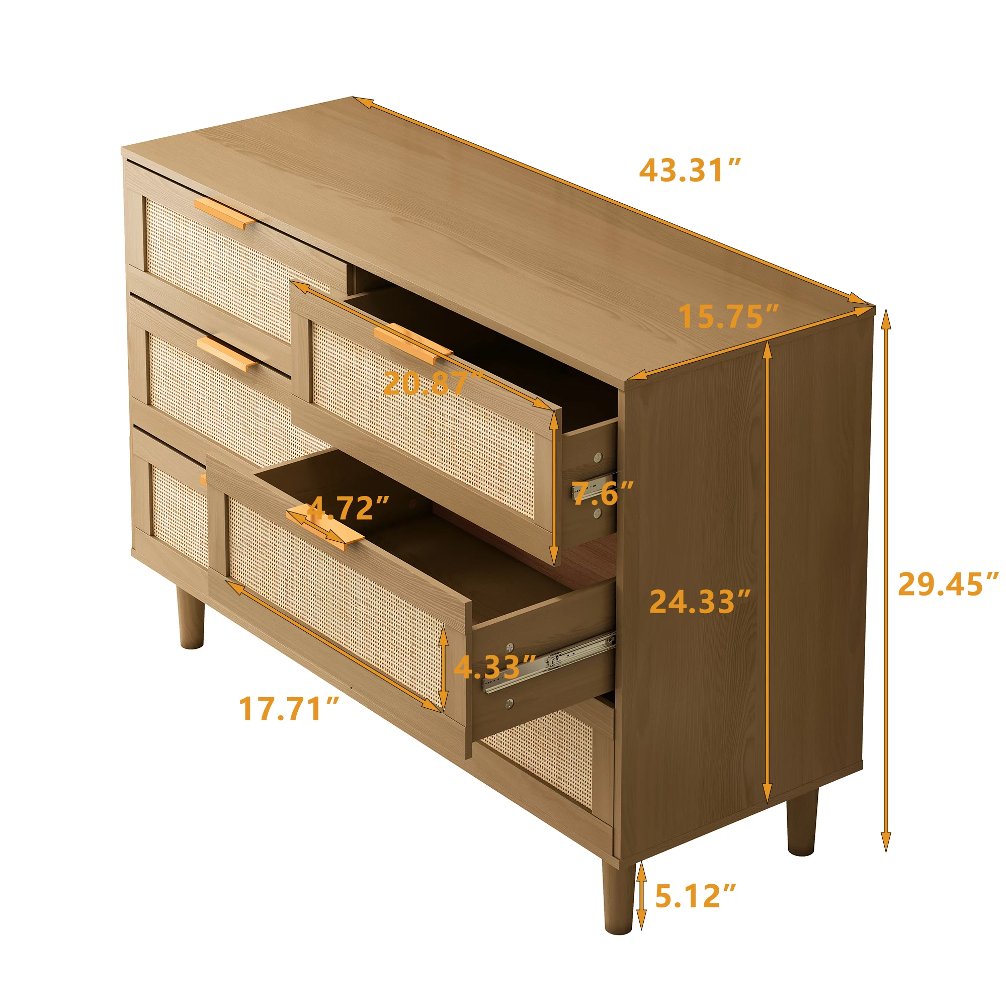 6 drawers Rattan dresser, Rattan Boho Drawer for Bedroom, Living Room, Oak