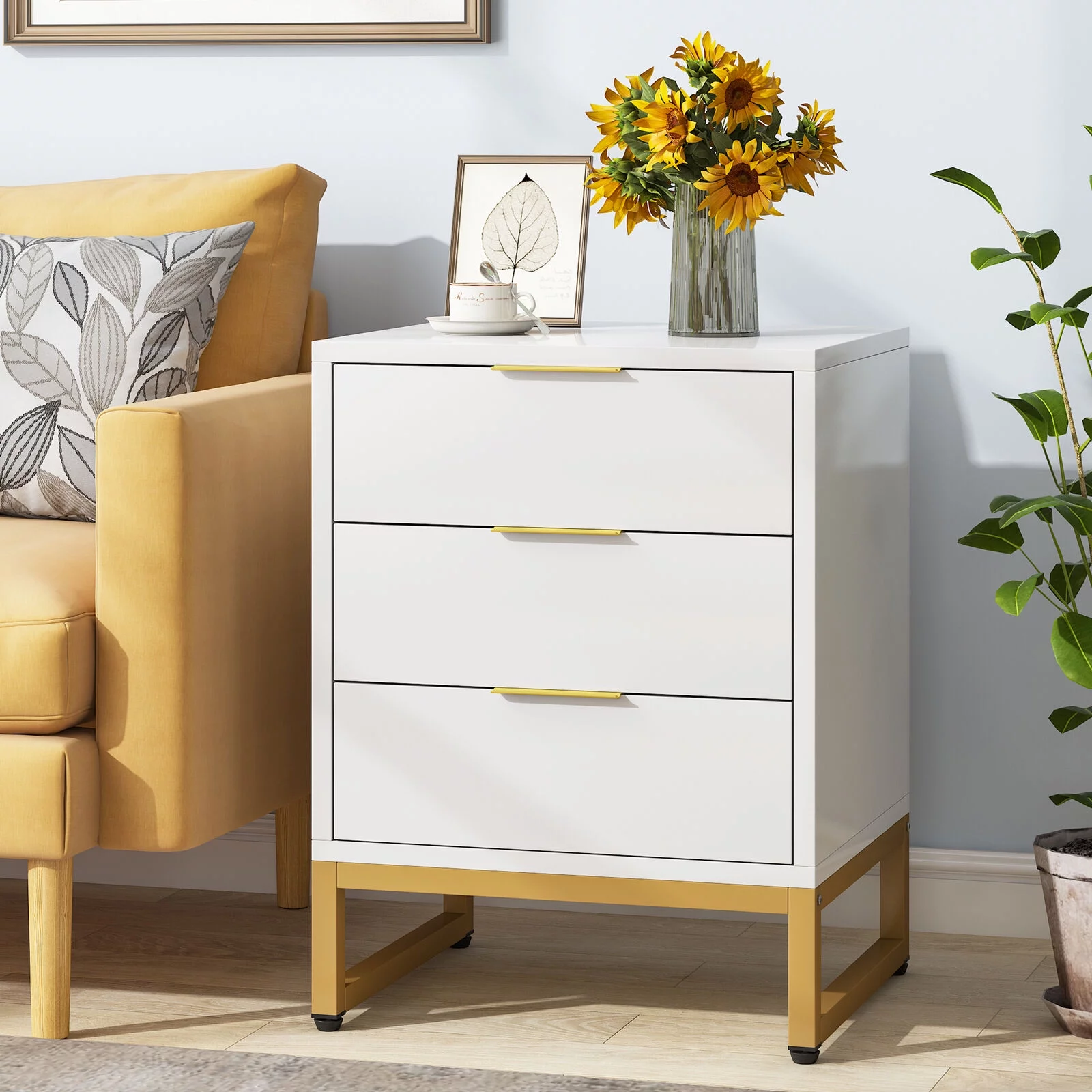 Tribesigns 3 Drawers Nightstand, Living Room White & Gold Side End Table, Bedside Table with Metal Frame