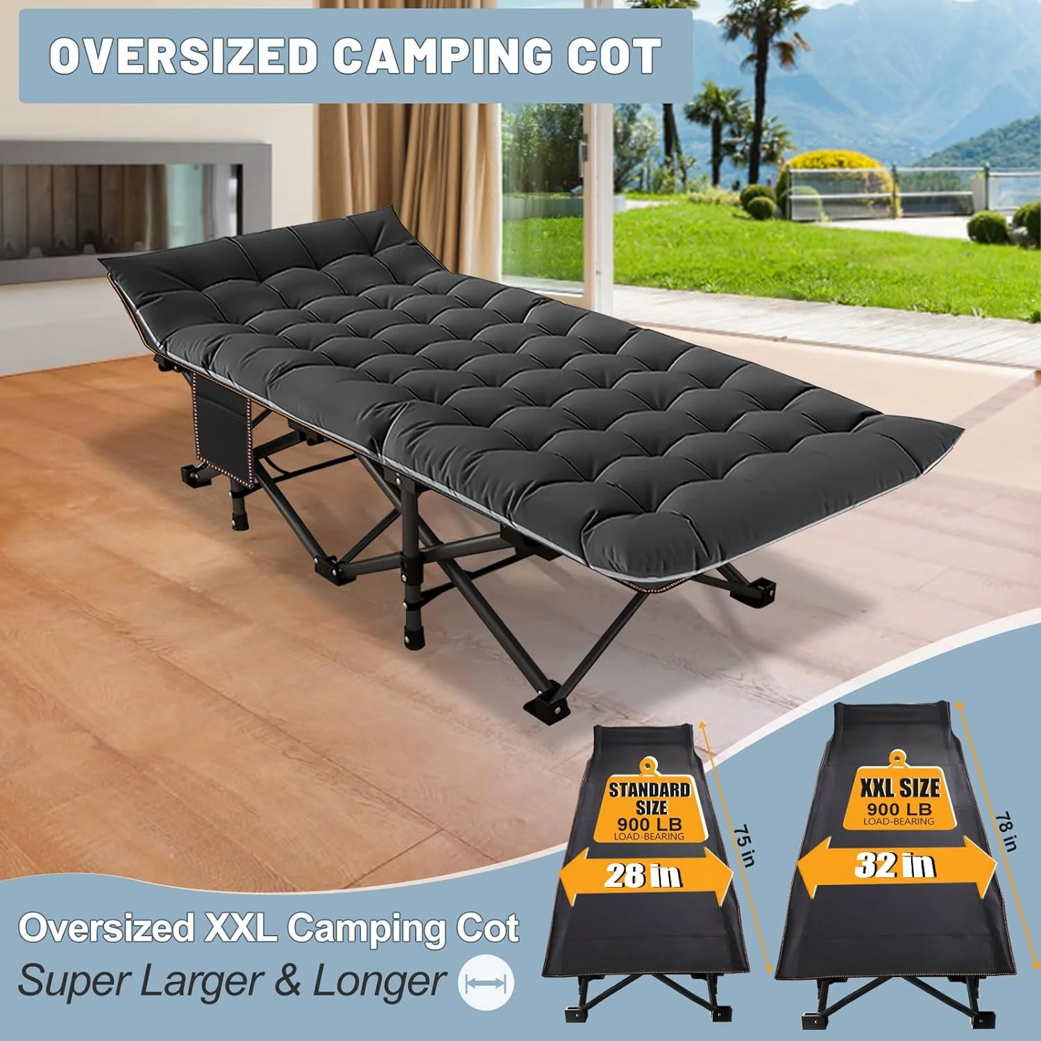 ABORON Oversized XL Folding Sleeping Cots for Adults, 900lb Loading Double-Layer 1200D, Heavy Duty Guest Bed W/Mattress & Carrying Bag