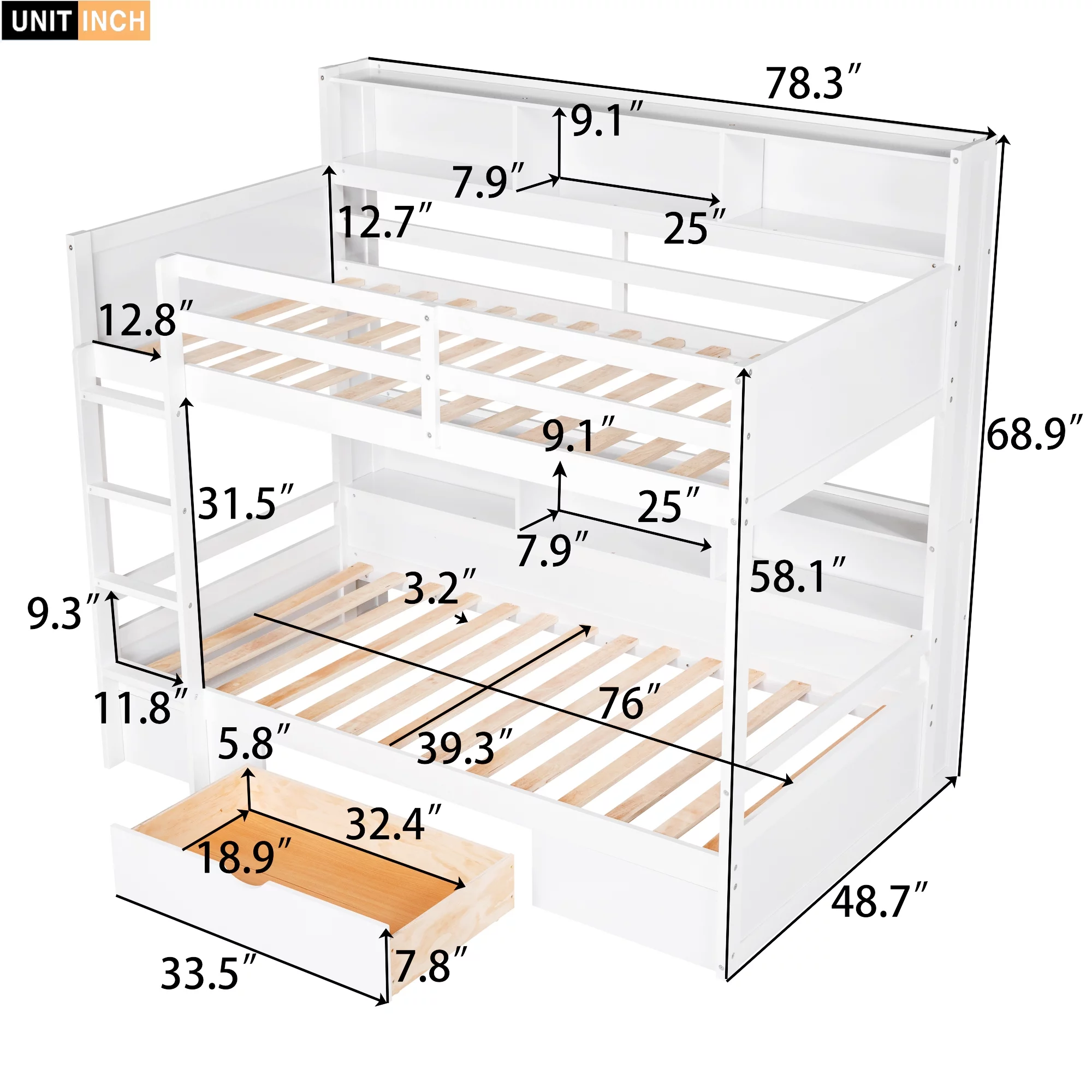 iRerts Twin Over Twin Bunk Bed with Storage Drawer, Wood Twin Bunk Bed with Built-in Shelves Beside Both Upper and Down Bed, Bunk Bed Twin Over Twin for Kids Teens Bedroom, No Box Spring Needed, White