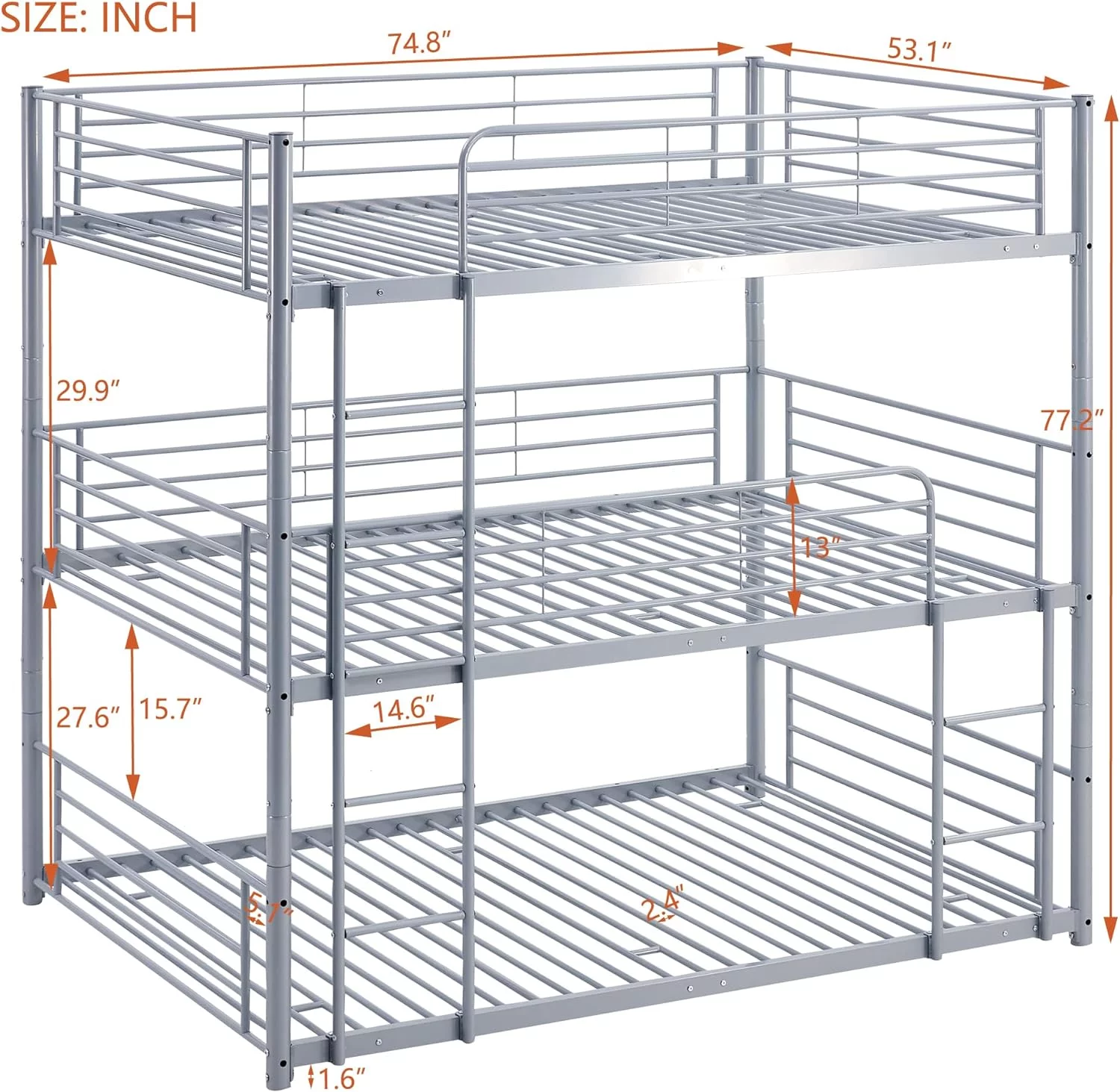 Tabaray Triple Beds Full-Full-Full Floor Bunk Bed with 2 Convertible Ladders and Iron Slats, Steel Bedframe with Guardrails for Teens Adults Boys Girls (Grey)