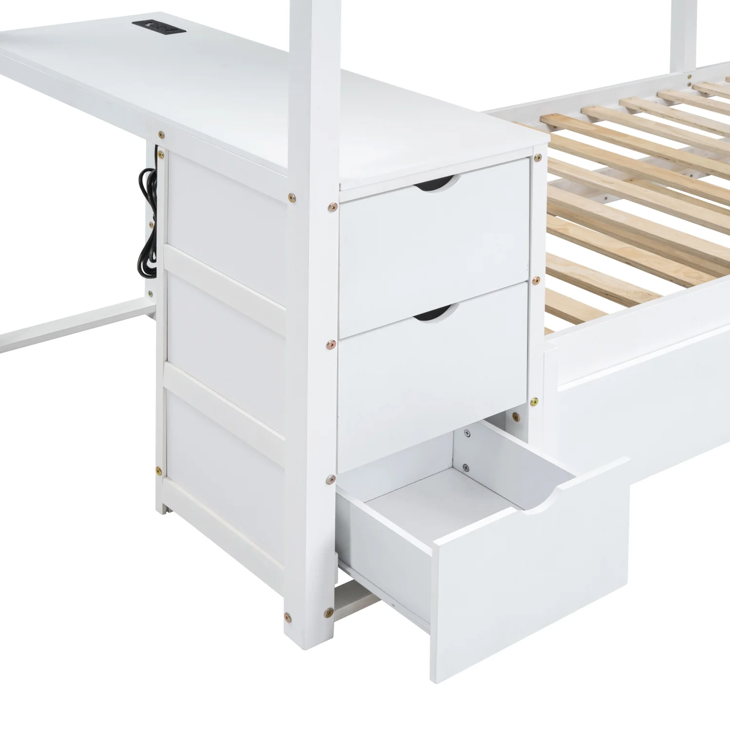 Churanty Twin Over Twin Bunk Bed with Trundle and Desk, Solid Wood Bunk Bed Frame with Storage Drawers and shelves for Kids Girls Boys Bedroom,White