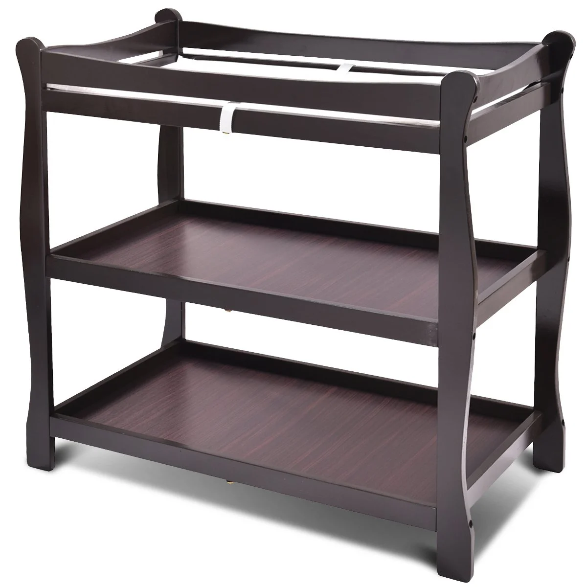 Baby Changing Table, Infant Diaper Changing Table Organization, Newborn Nursery Station with Pad, Sleigh Style Nursery Dresser Changing Table with Hamper/ 2 Fixed Shelves (Espresso)