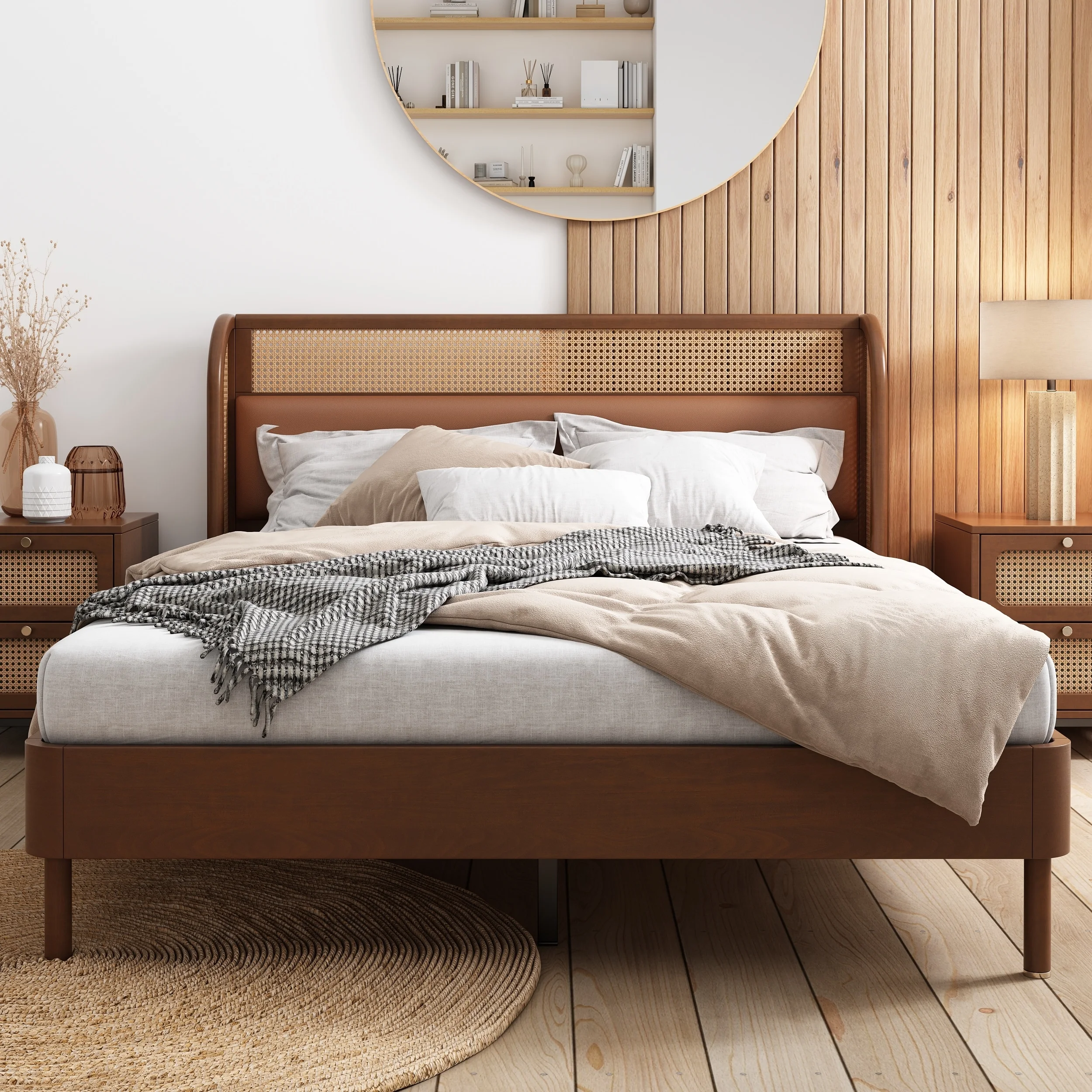 Queen Size Modern Cannage Rattan Wood Platform Bed with PU Leather Curved Wingback Headboard, No Box Spring Neede Walnut - Queen