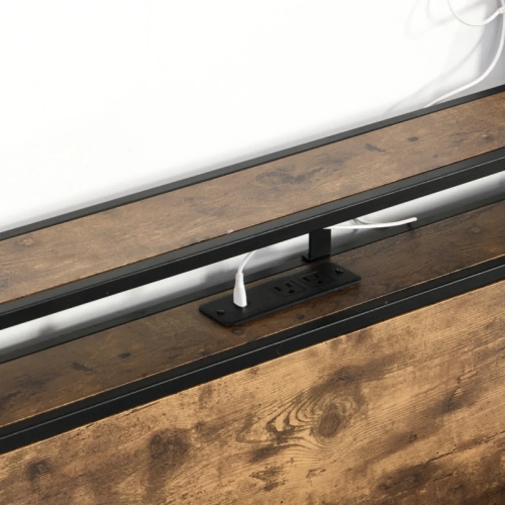 Queen Bed Frame, Storage Headboard with Charging Station, Solid and Stable, Noise Free, No Box Spring Needed, Easy Assembly  Antique brown + Metal & Wood + Bedroom + Queen + Bed Frame + Metal