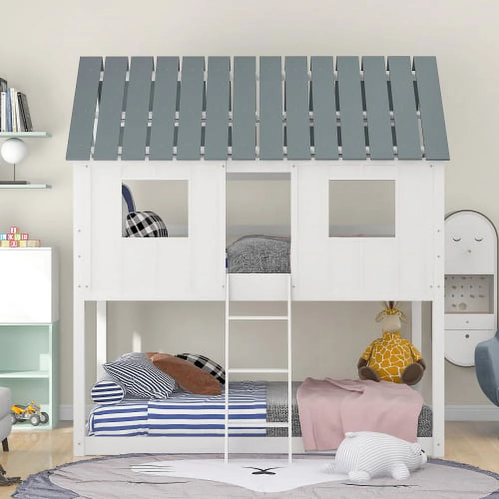 Saim House Bunk Beds with Slide, 79.6 Inches Long * 41.6 Inches Wide and 81.9 Inches High, Kids Bunk Bed with Roof, Slide Bunk Beds with Ladder for Girls, Boys, White White