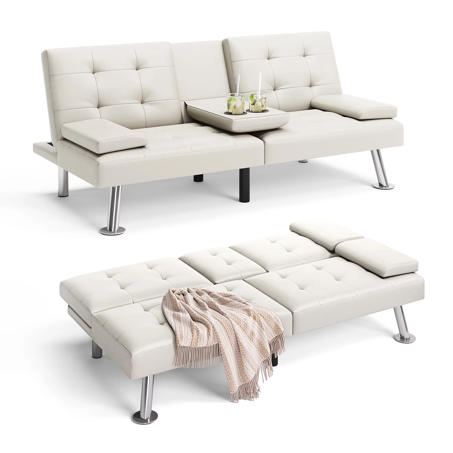 LINSY HOME Faux Leather Upholstered Convertible Futon Sofa Bed for Compact Living Space, Apartment, Dorm, White