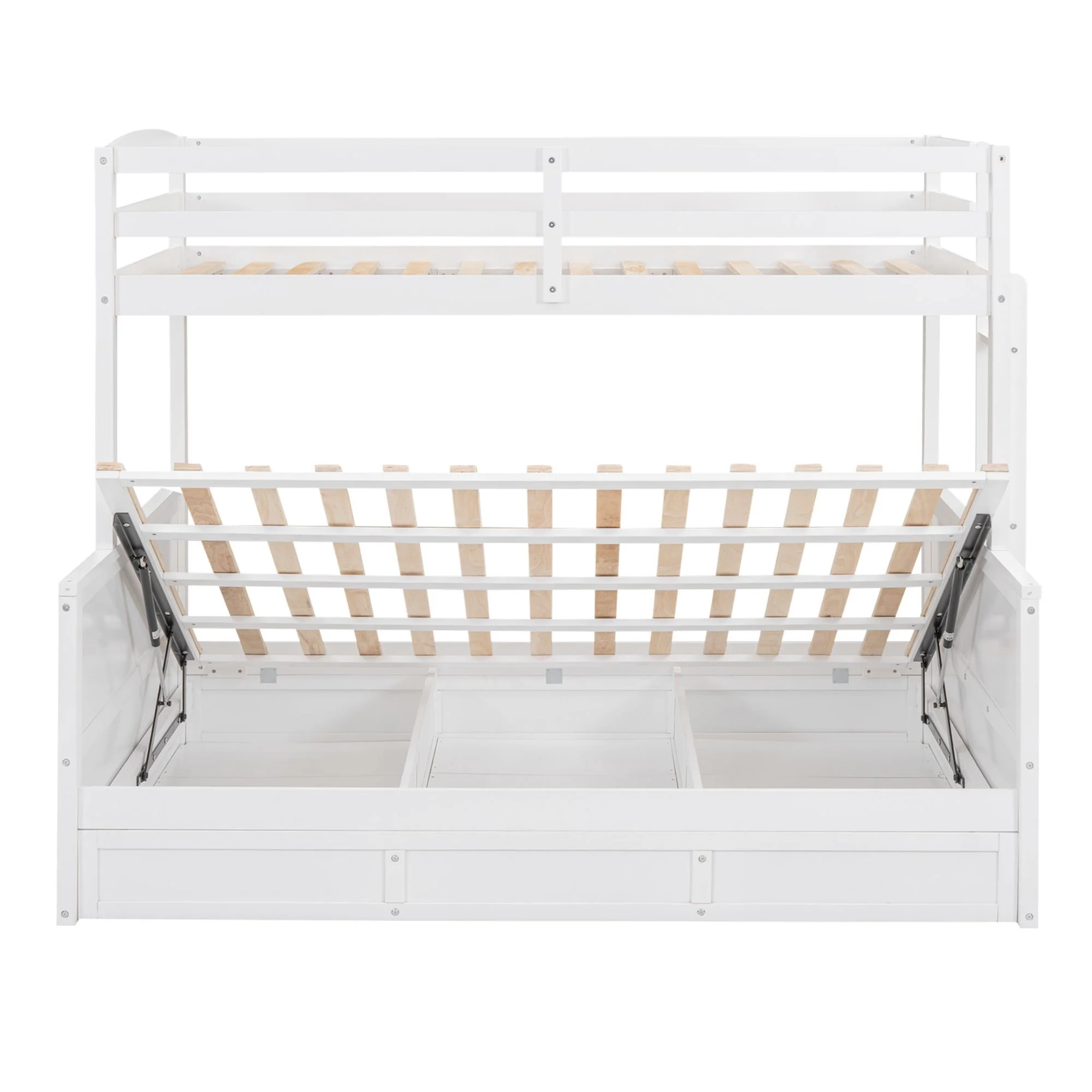 Twin over Full Bunk Bed with Ladder,Solid Wood Bunk Bed Frame with Safety Guardrail, Convertible into 2 Bed Bunk Beds with Hydraulic Lift Up Storage for Girls Boys Teens(White, Twin over Full)