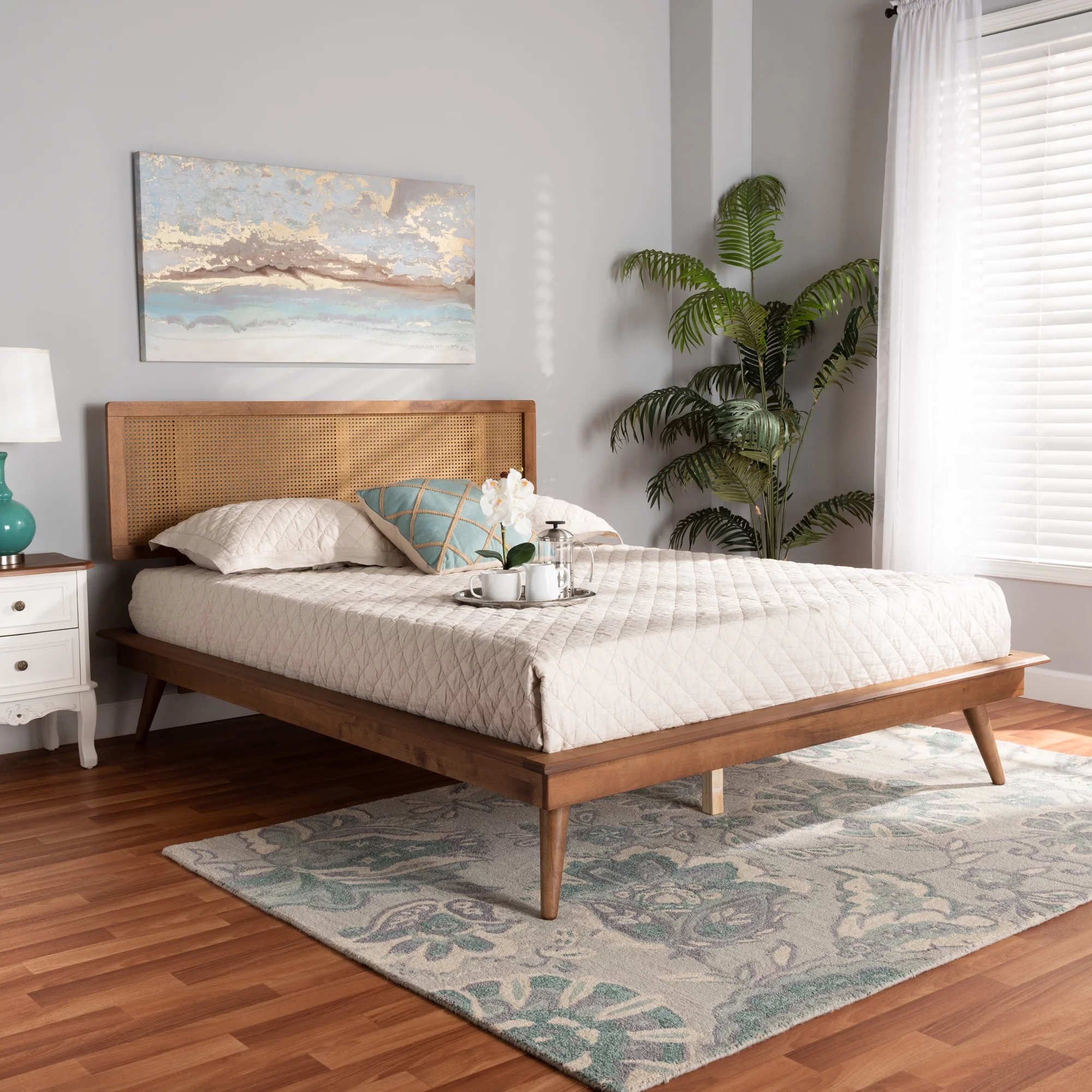 Baxton Studio Nura Mid-Century Modern Walnut Brown Finished Wood and Synthetic Rattan Queen Size Platform Bed
