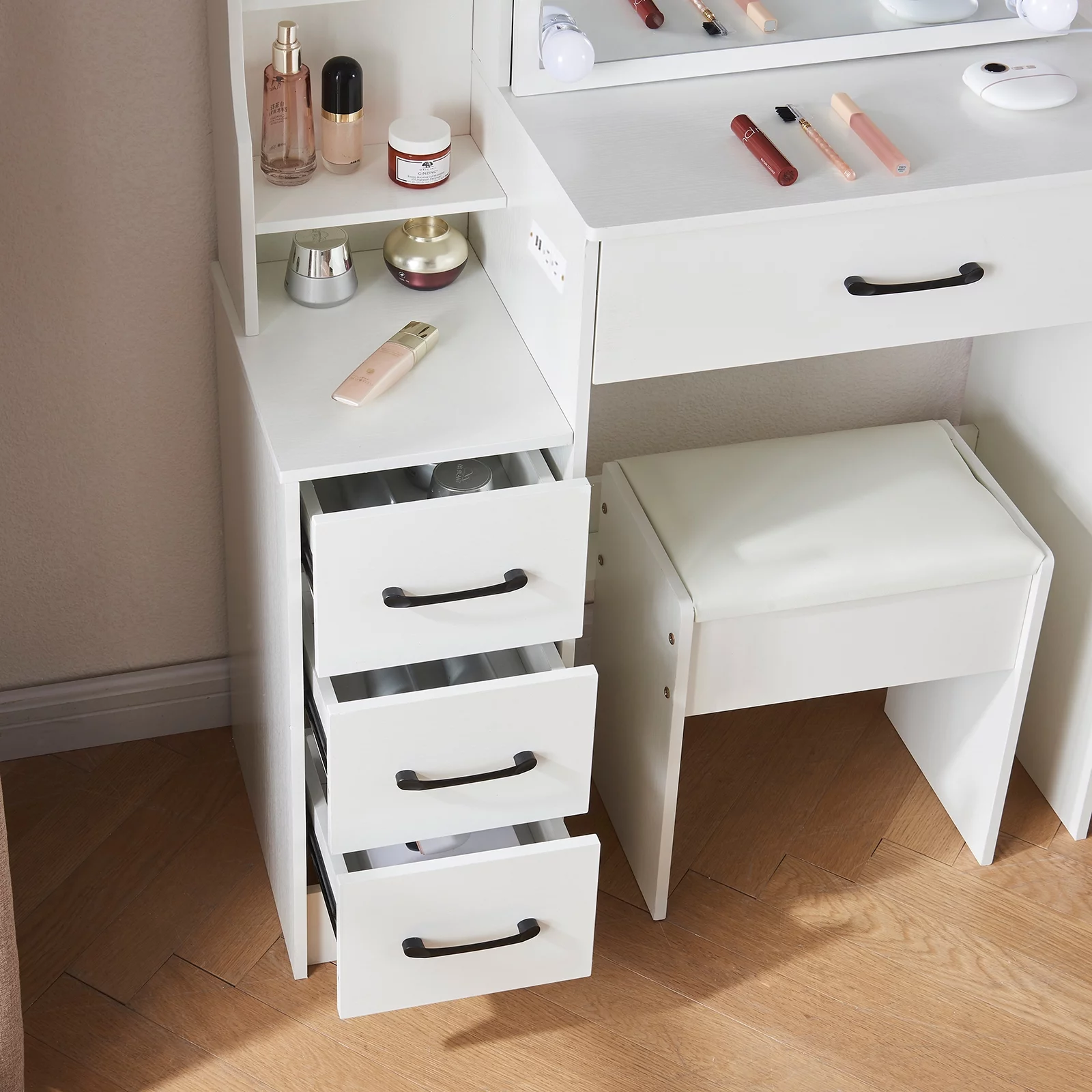 Yamissi Modern Makeup Vanity with LED Lighted Mirror and Stool, Vanity Table with USB Ports for Bedroom, Vanity Desk with Storage Shelves & Drawers, White
