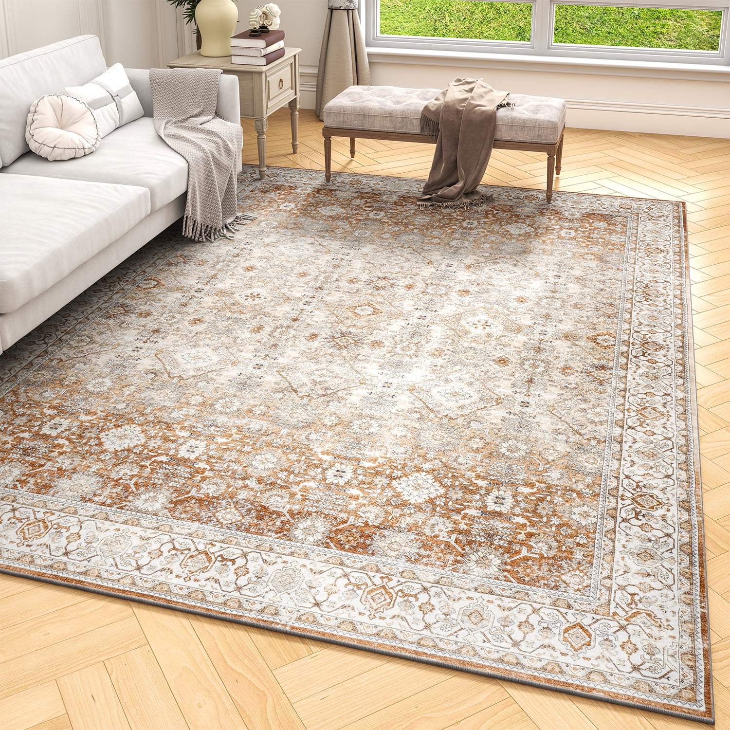 SIXHOME 5'x7' Area Rugs for Living Room Washable Rugs Ombre Vintage Floral Living Room Rug Soft Distressed Indoor Carpet Country Boho Rug for Bedroom Dining Room Kitchen Foldable Nonslip Rug Taupe
