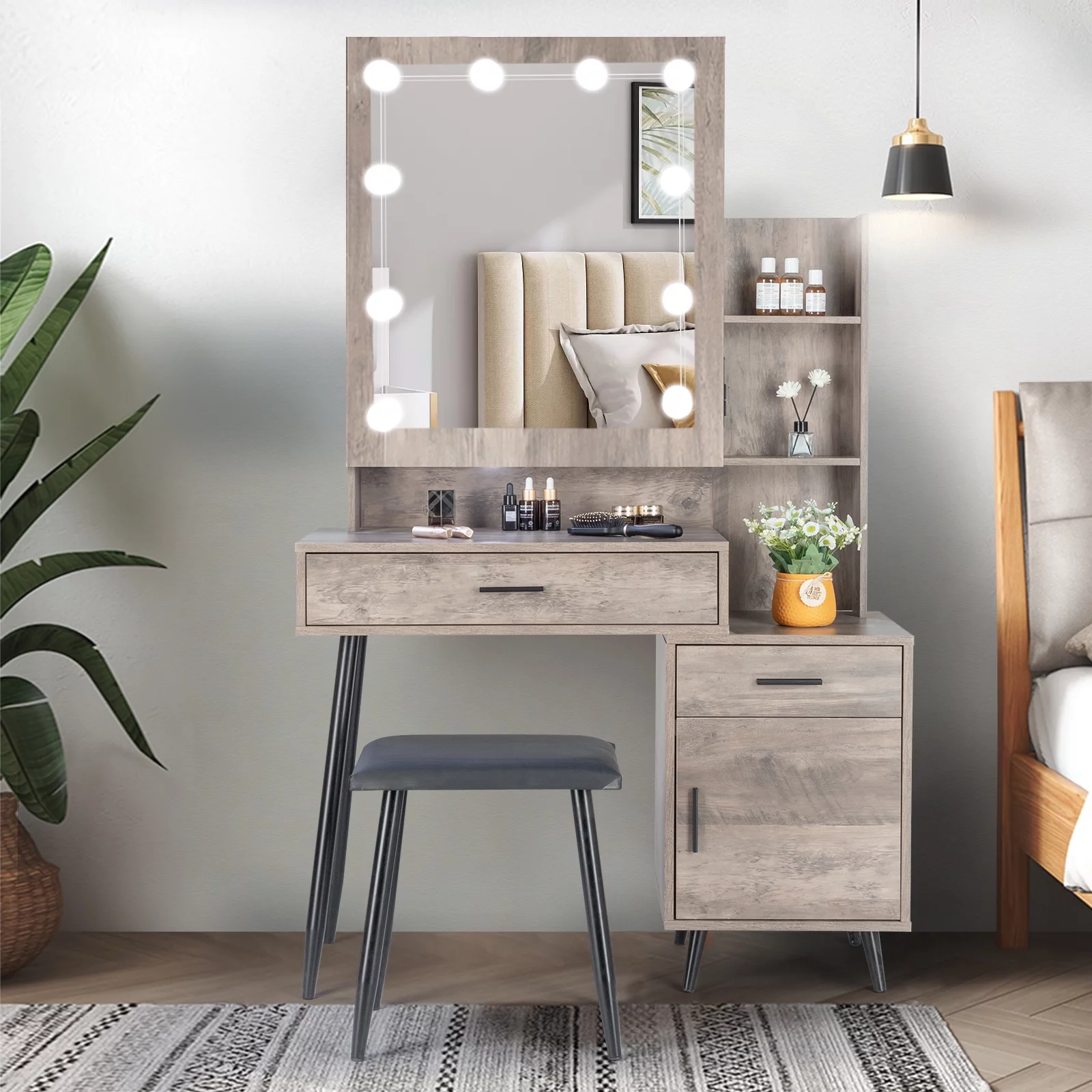 Ktaxon Lighted Vanity Table Set with USB Charging Station, Makeup Dressing Table with Sliding Mirror, Bedroom Vanities Set