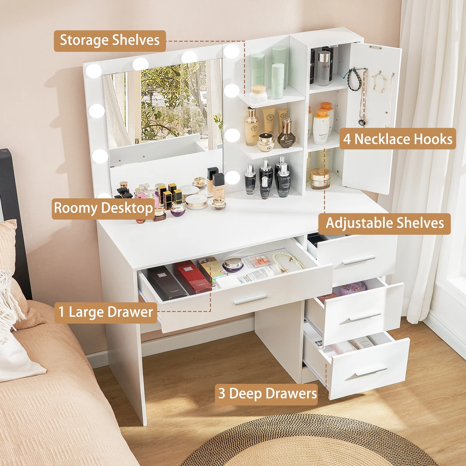 USIKEY Makeup Vanity with Lighted Mirror, Vanity Desk with 4 Drawers and Open Shelves for Bedroom,White YSZT036WD
