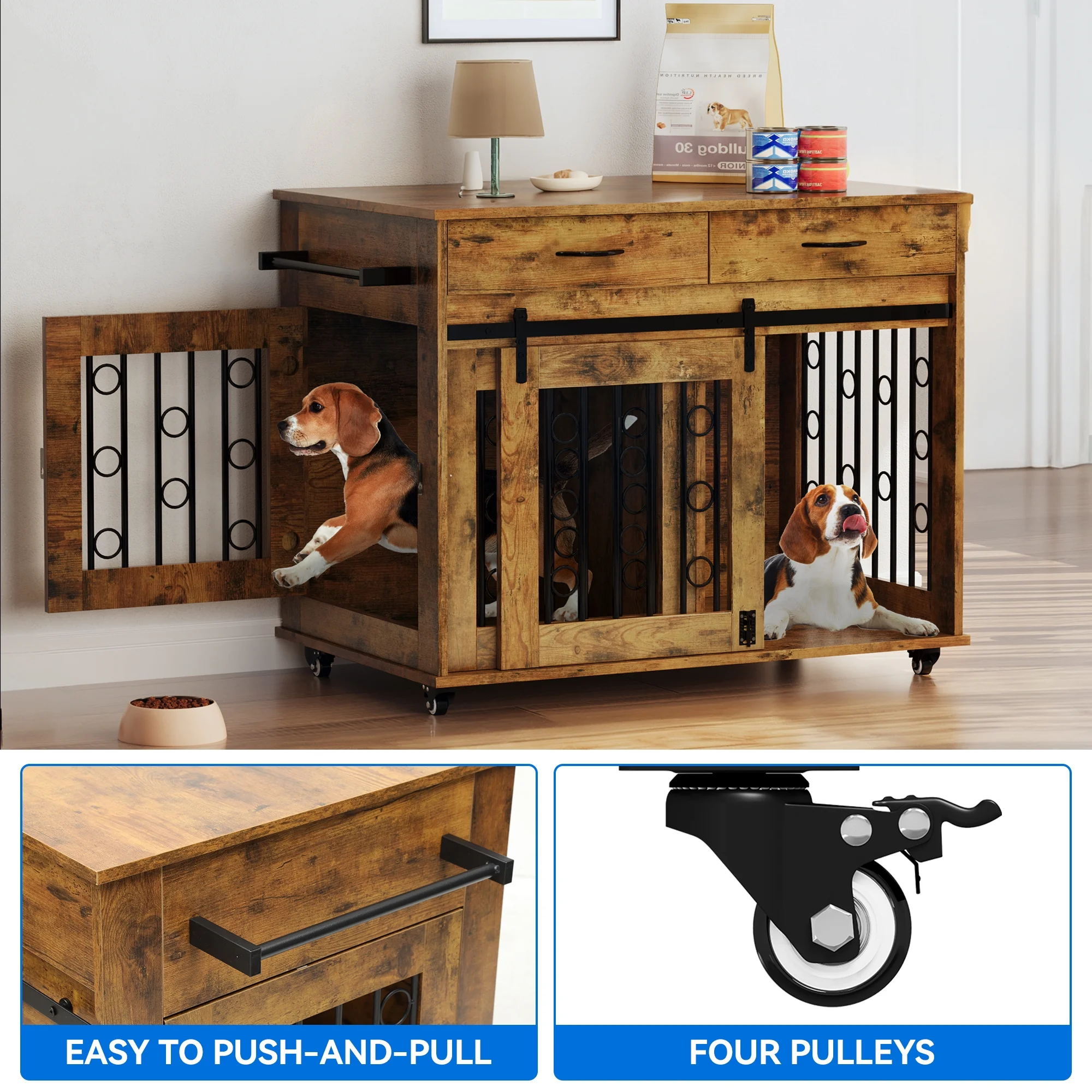 Dextrus Dog Crate Furniture, 39 inch large Wooden Indoor Dog Kennel with Divider Room and Drawers, Removable Tray End Table, Double Door Dog House for Small Medium Dog, Brown