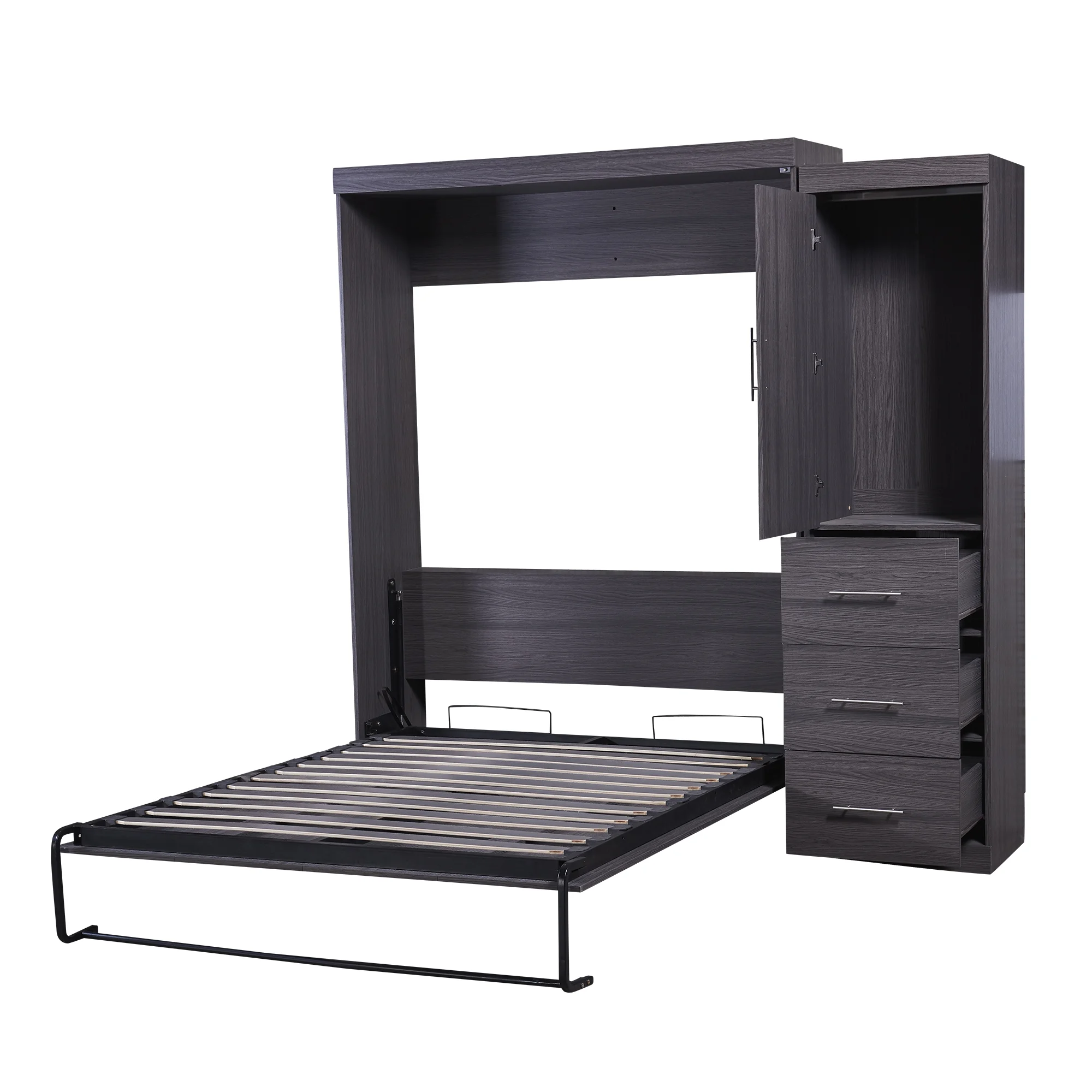 Euroco Wood Full Size Murphy Wall Bed with Wardrobe and Drawers for Living Room, Moveable Wardrobe and Drawers, Space-Saving & Easy Open and Close, Gray
