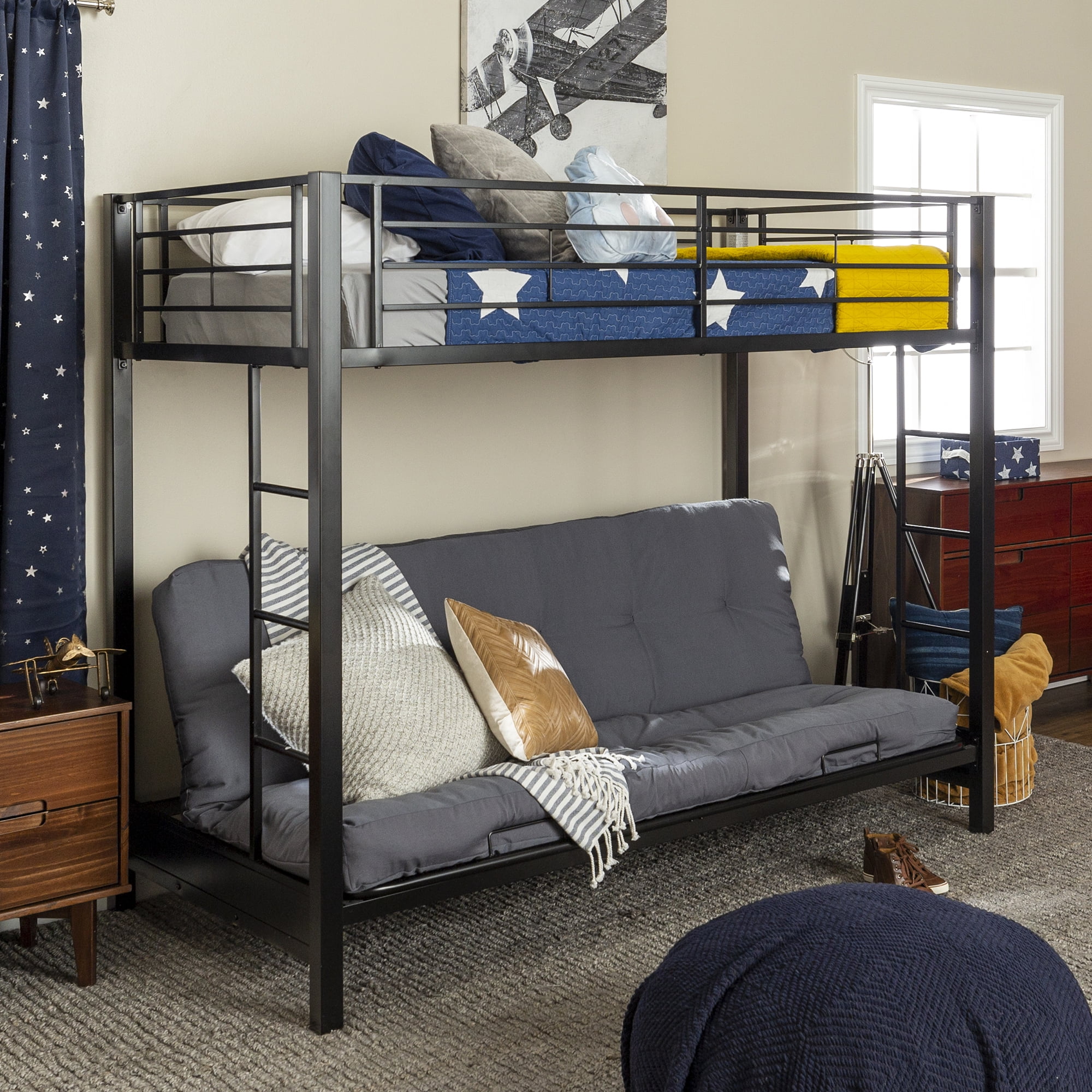 Walker Edison Premium Metal Twin Over Futon Bunk Bed - Black, Mattresses Not Included