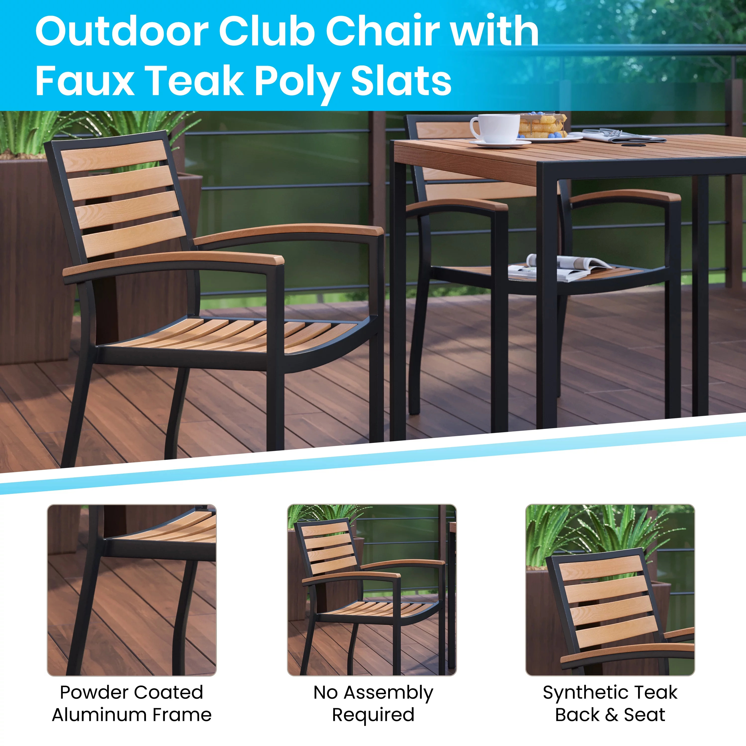 BizChair 7 Piece Outdoor Patio Dining Table Set with 4 Synthetic Teak Stackable Chairs, 30
