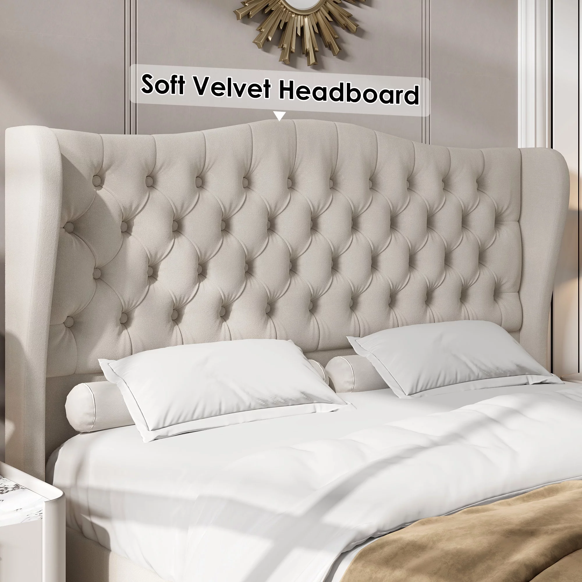 Homfa Queen Size Bed, 54.3” Tall Modern Velvet Tufted Upholstered Platform Bed Frame with Deep Button Wingback Headboard, Beige