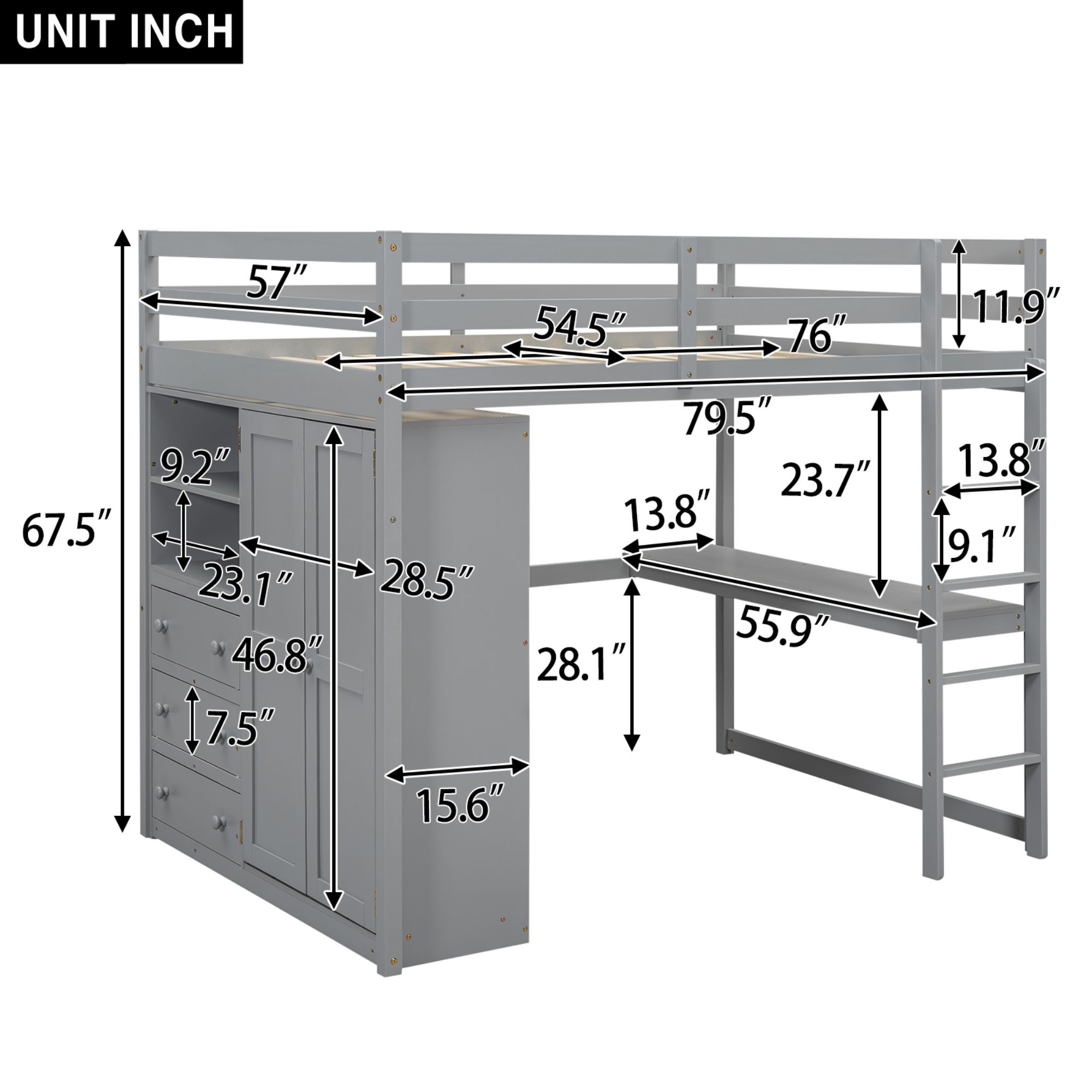 Full Size Loft Bed with Built-in Wardrobe, Desk, Storage Shelves and Drawers, Wooden Loft Beds Frame with Large Space, Wood High Loft Beds with Ladder(Gray, Full)