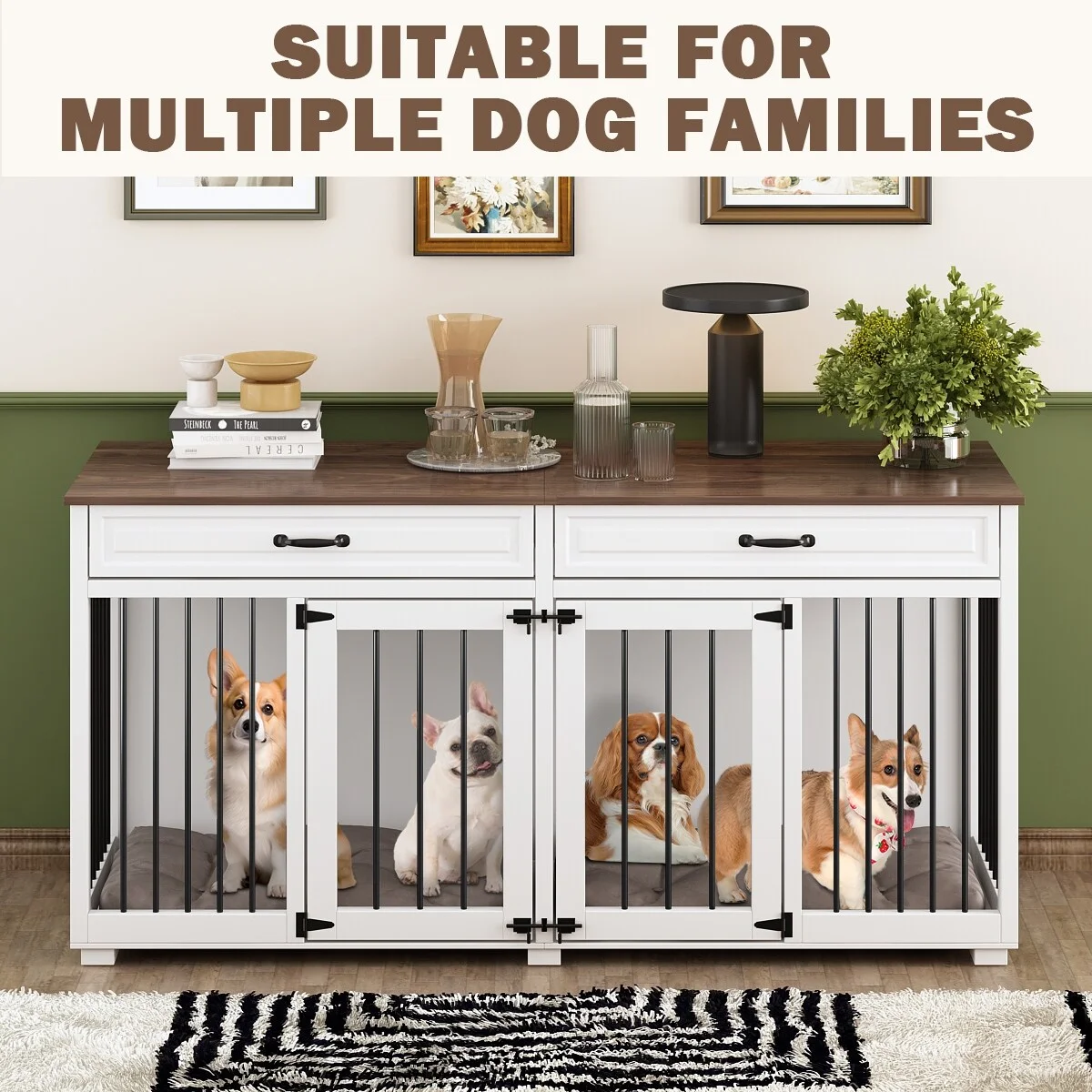 Wooden Double Dog Crate Kennel Furniture with 2 Drawers & Divider White