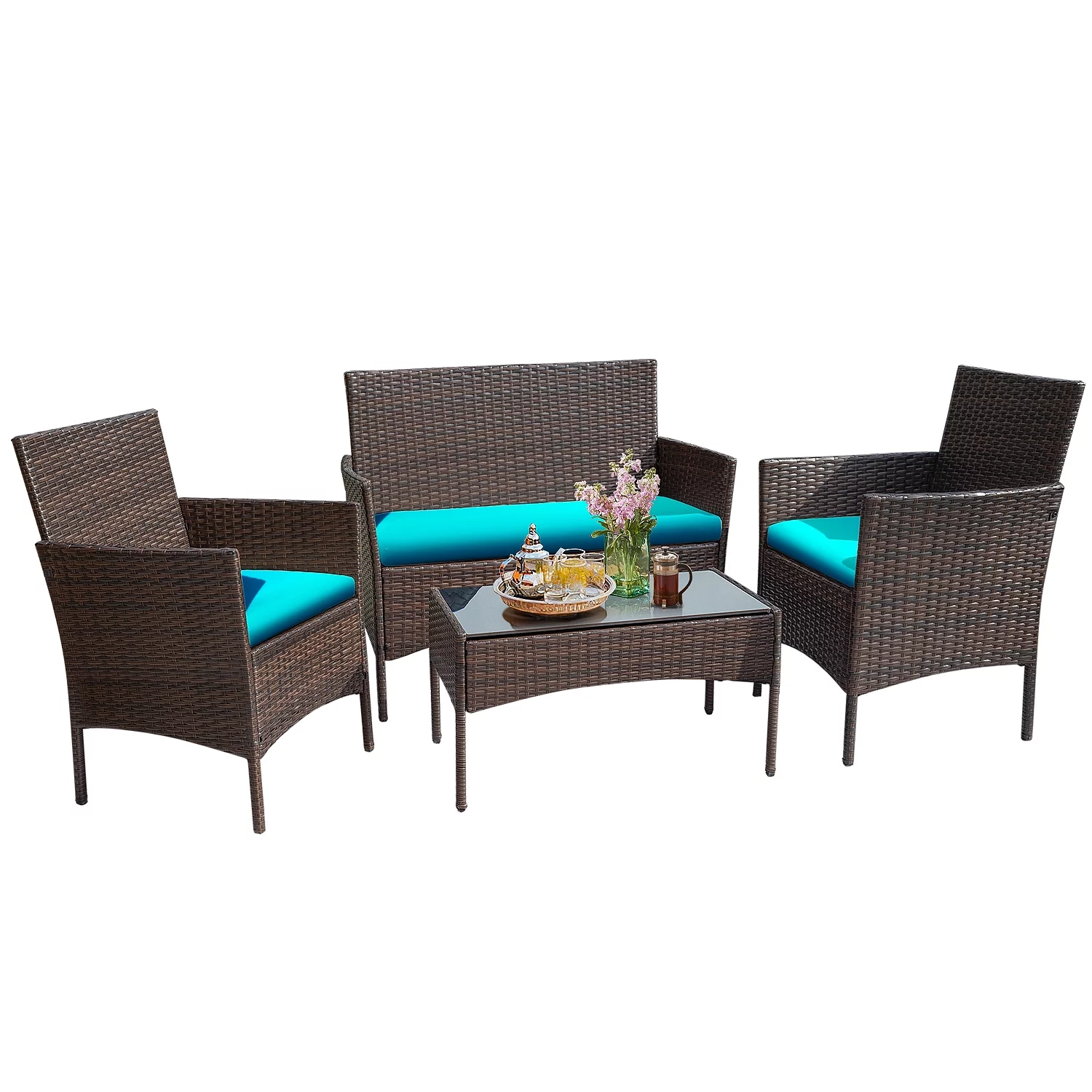 Lacoo 4 Piece Outdoor Patio Furniture PE Rattan Wicker Table and Chairs Set with Cushions, Blue