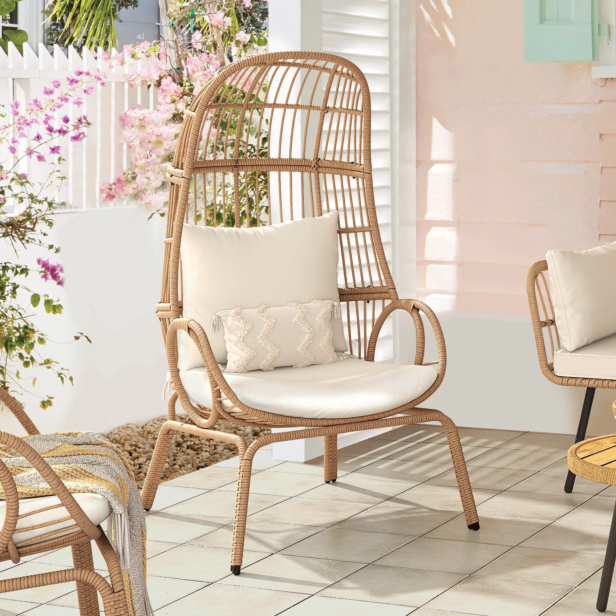 Dextrus Wicker Egg Chair Oversized Indoor Outdoor Patio Lounger w/ Steel Frame, Basket Chair for Bedroom,Living room,Patio, 370lb Capacity - Beige