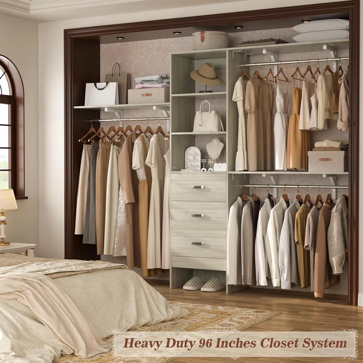 Homieasy 96 Inches Closet System, 8FT Walk In Closet Organizer with 3 Shelving Tower, Heavy Duty Clothes Rack with 3 Drawers, Built-In Garment Rack, 96