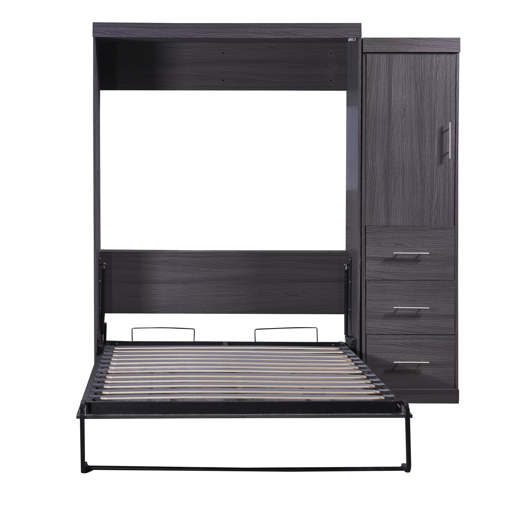 Euroco Wood Full Size Murphy Wall Bed with Wardrobe and Drawers for Living Room, Moveable Wardrobe and Drawers, Space-Saving & Easy Open and Close, Gray
