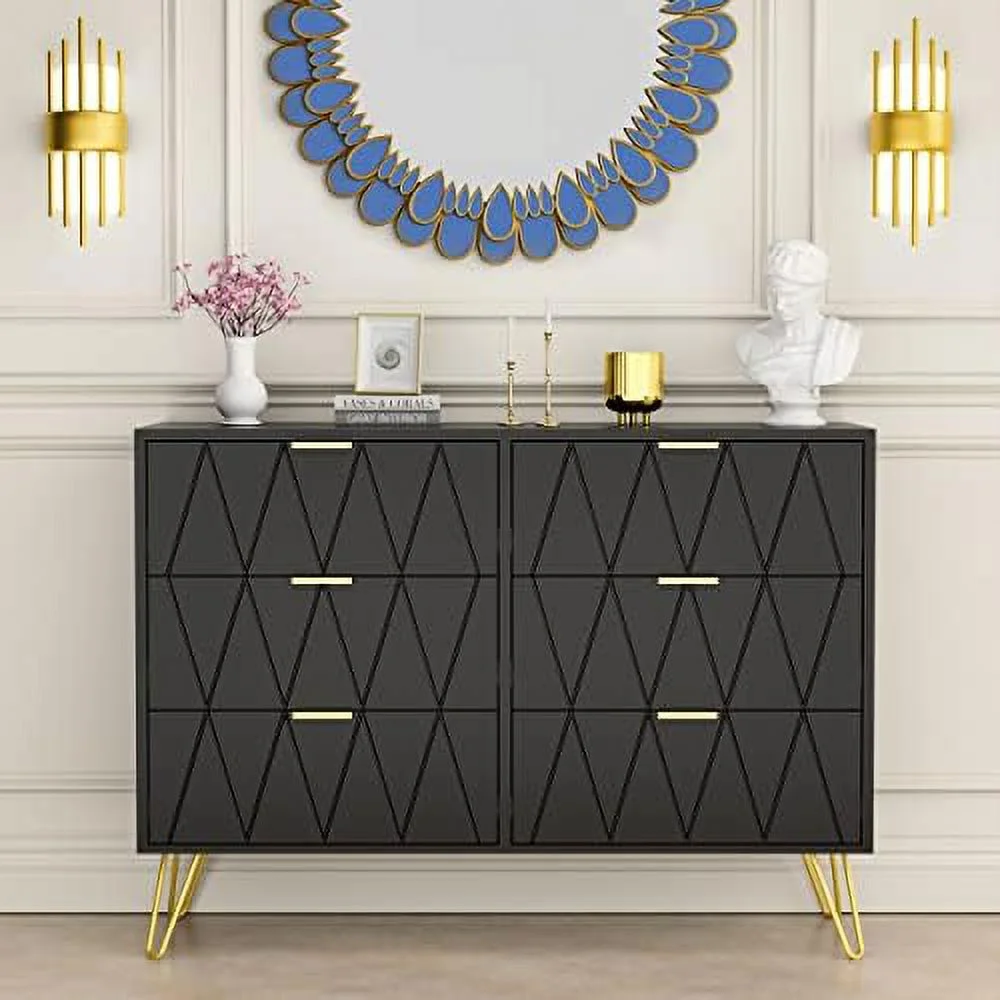 Black 6 Drawer Dresser for Bedroom  Large Double Dresser with Wide Drawers and Gold Handles   Chest of Drawers